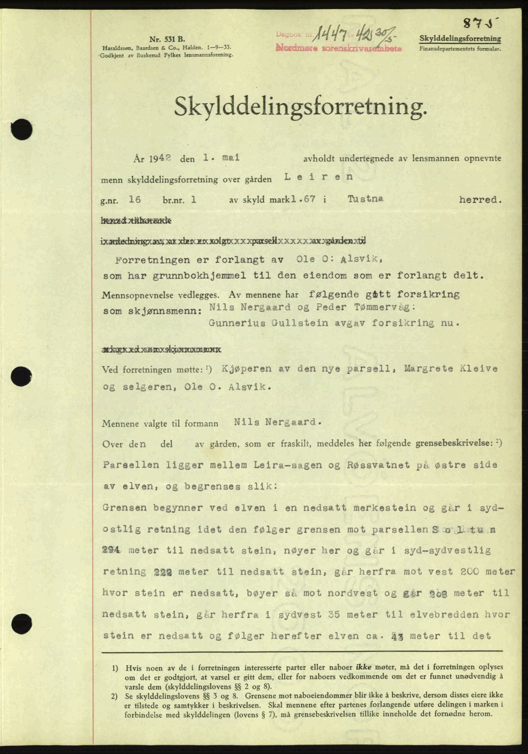 Nordmøre sorenskriveri, SAT/A-4132/1/2/2Ca: Pantebok nr. A92, 1942-1942, Dagboknr: 1447/1942