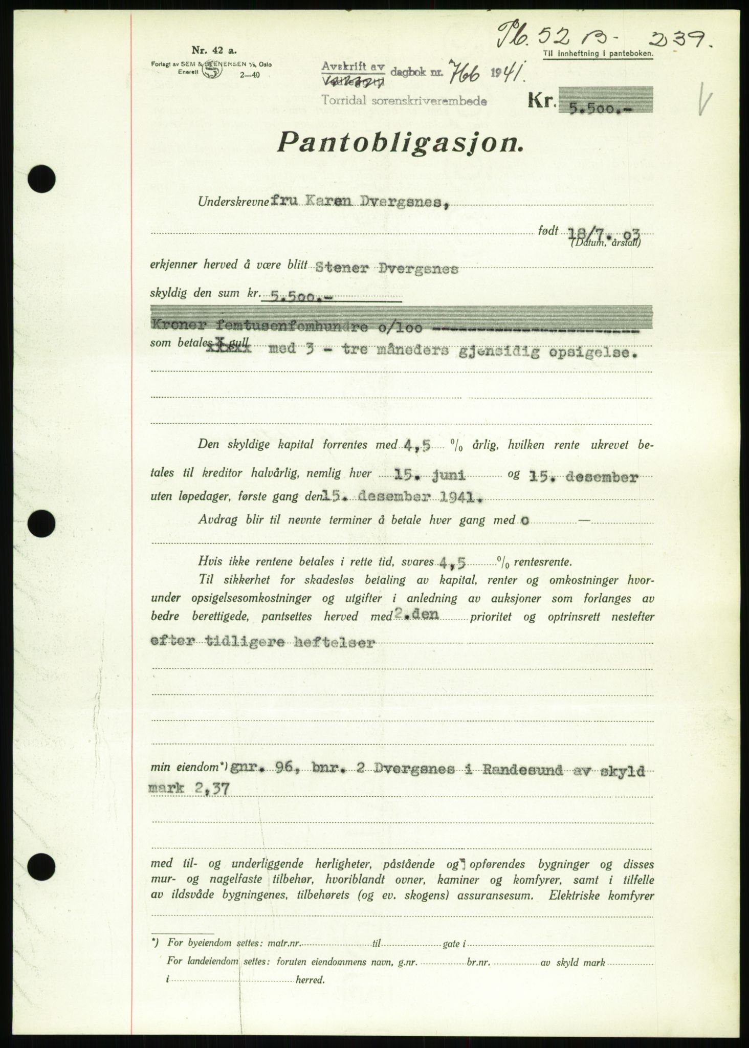 Torridal sorenskriveri, SAK/1221-0012/G/Gb/Gbb/L0008: Pantebok nr. 52b, 1940-1942, Dagboknr: 766/1941