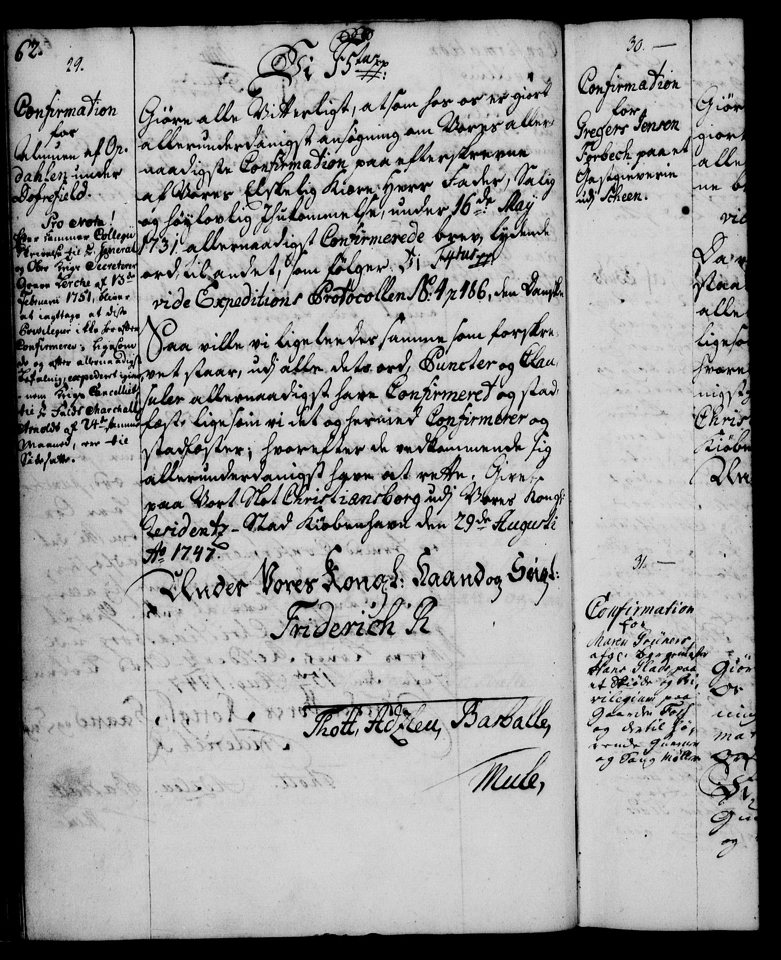 Rentekammeret, Kammerkanselliet, RA/EA-3111/G/Gg/Ggc/Ggca/L0001: Norsk konfirmasjonsekspedisjonsprotokoll med register (merket RK 53.23), 1746-1750, s. 62