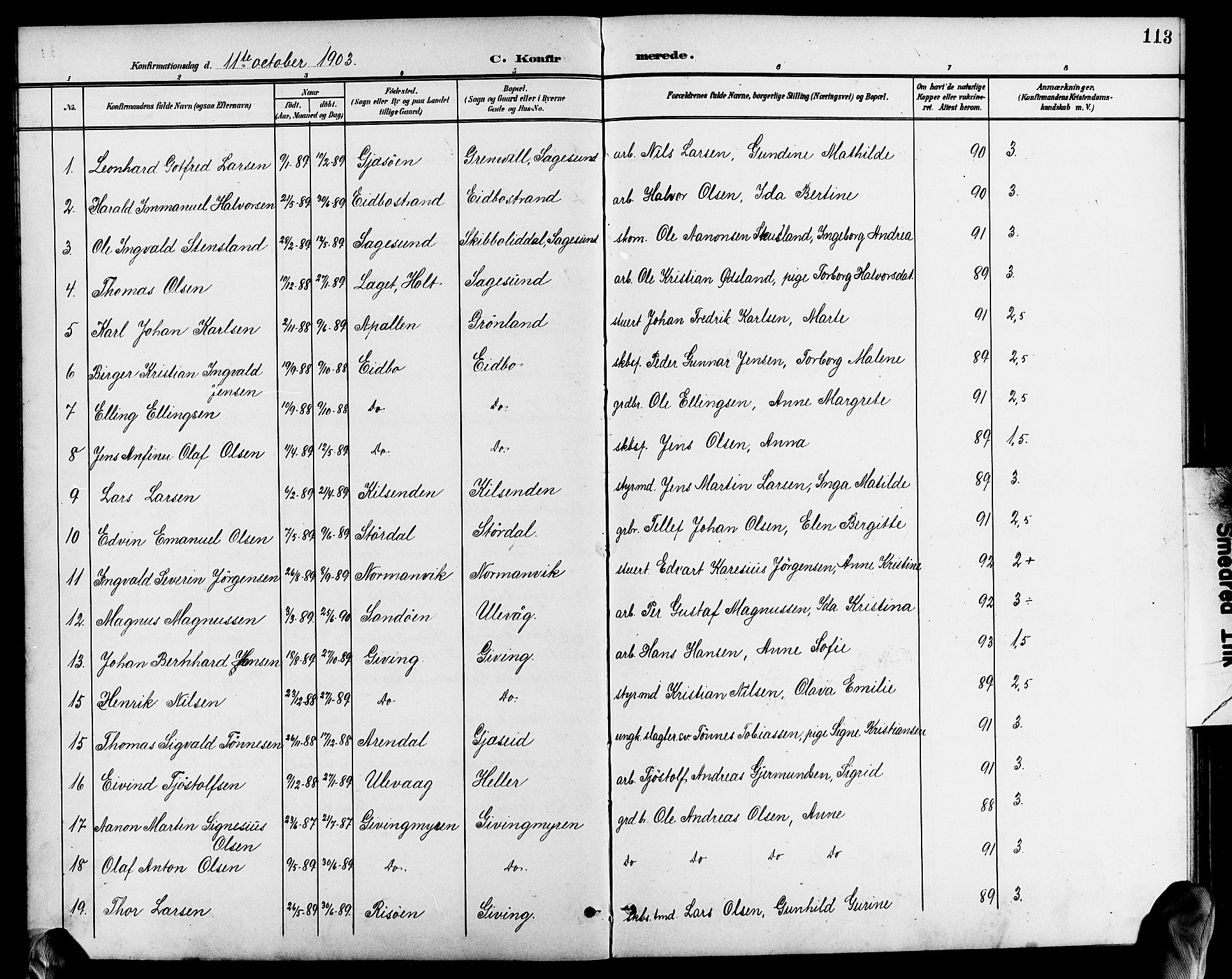 Dypvåg sokneprestkontor, AV/SAK-1111-0007/F/Fb/Fba/L0014: Klokkerbok nr. B 14, 1901-1922, s. 113