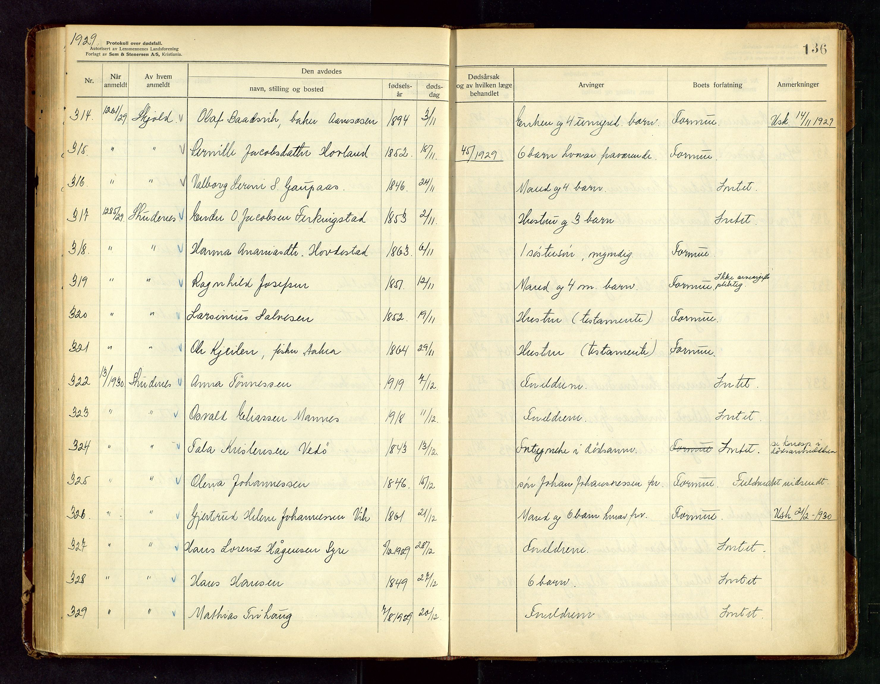 Karmsund sorenskriveri, SAST/A-100311/01/IV/IVAB/L0005: DØDSFALLSPROTOKOLL, 1923-1933, s. 136