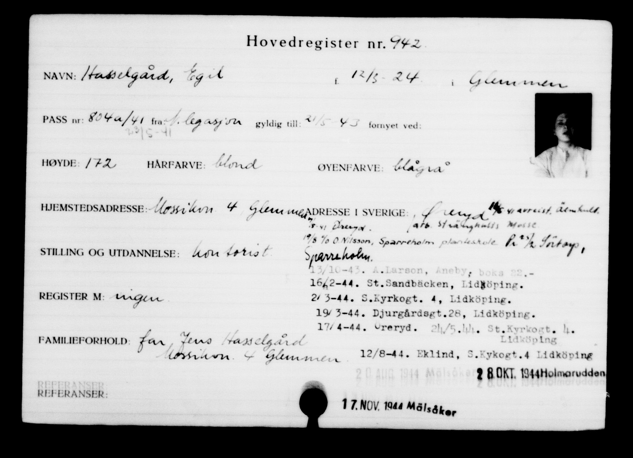 Utenriksstasjonene, Legasjonen i Stockholm, Flyktningkontoret, AV/RA-S-6753/V/Va/L0001: Kjesäterkartoteket, flyktninger med registreringsnr. 1-1000, 1940-1945, s. 1468