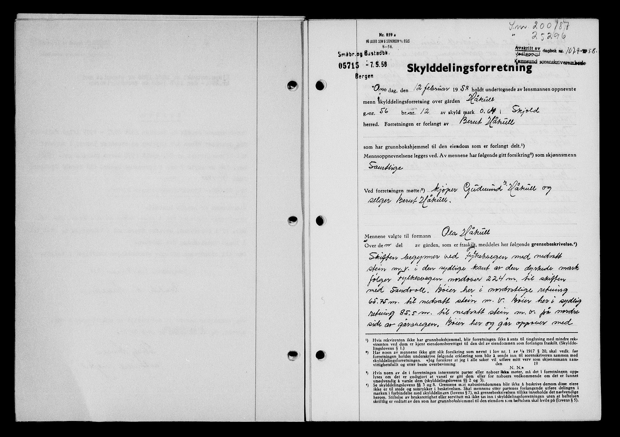 Karmsund sorenskriveri, SAST/A-100311/01/II/IIB/L0128: Pantebok nr. 108A, 1958-1958, Dagboknr: 1079/1958