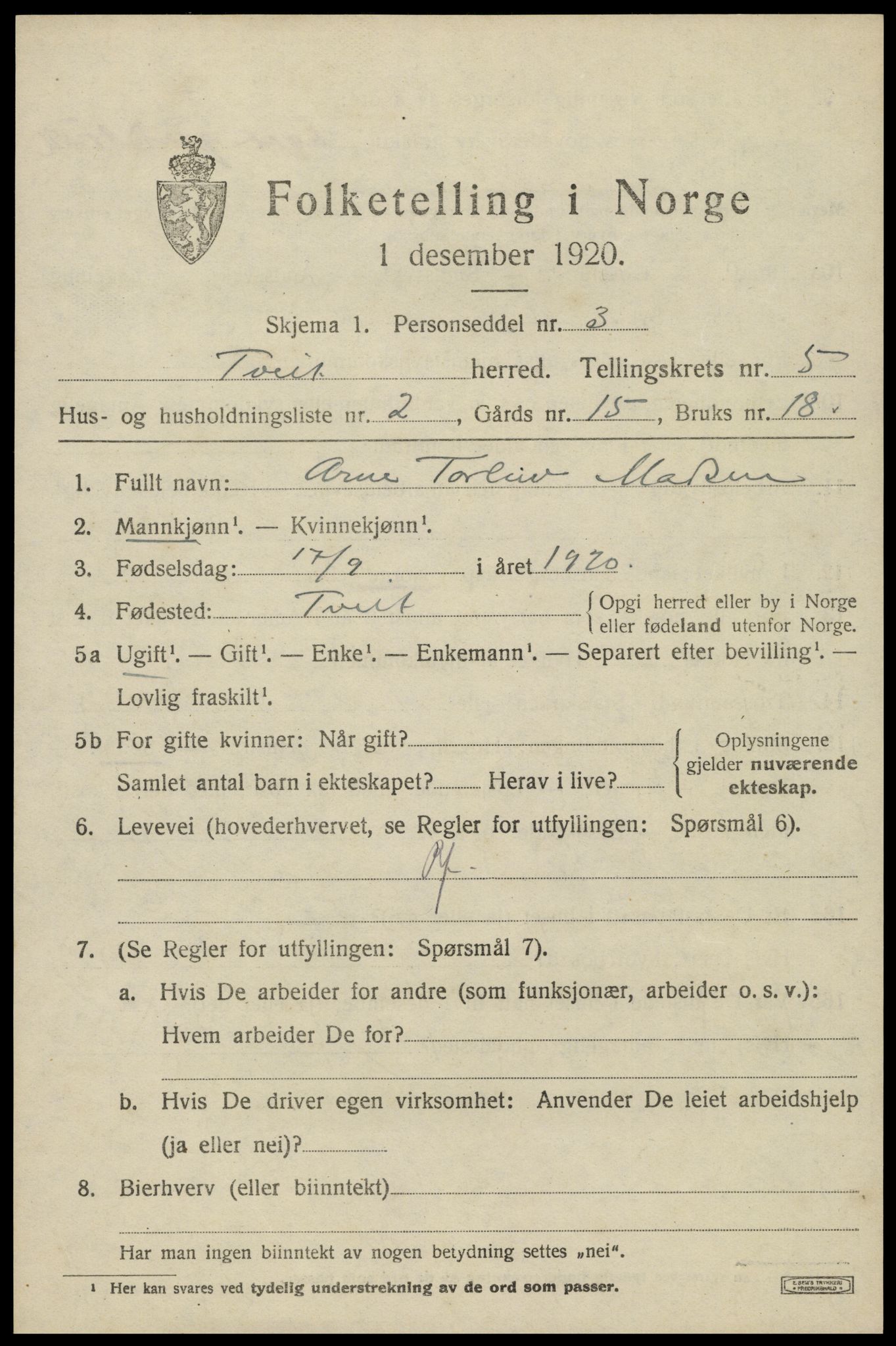 SAK, Folketelling 1920 for 1013 Tveit herred, 1920, s. 2434