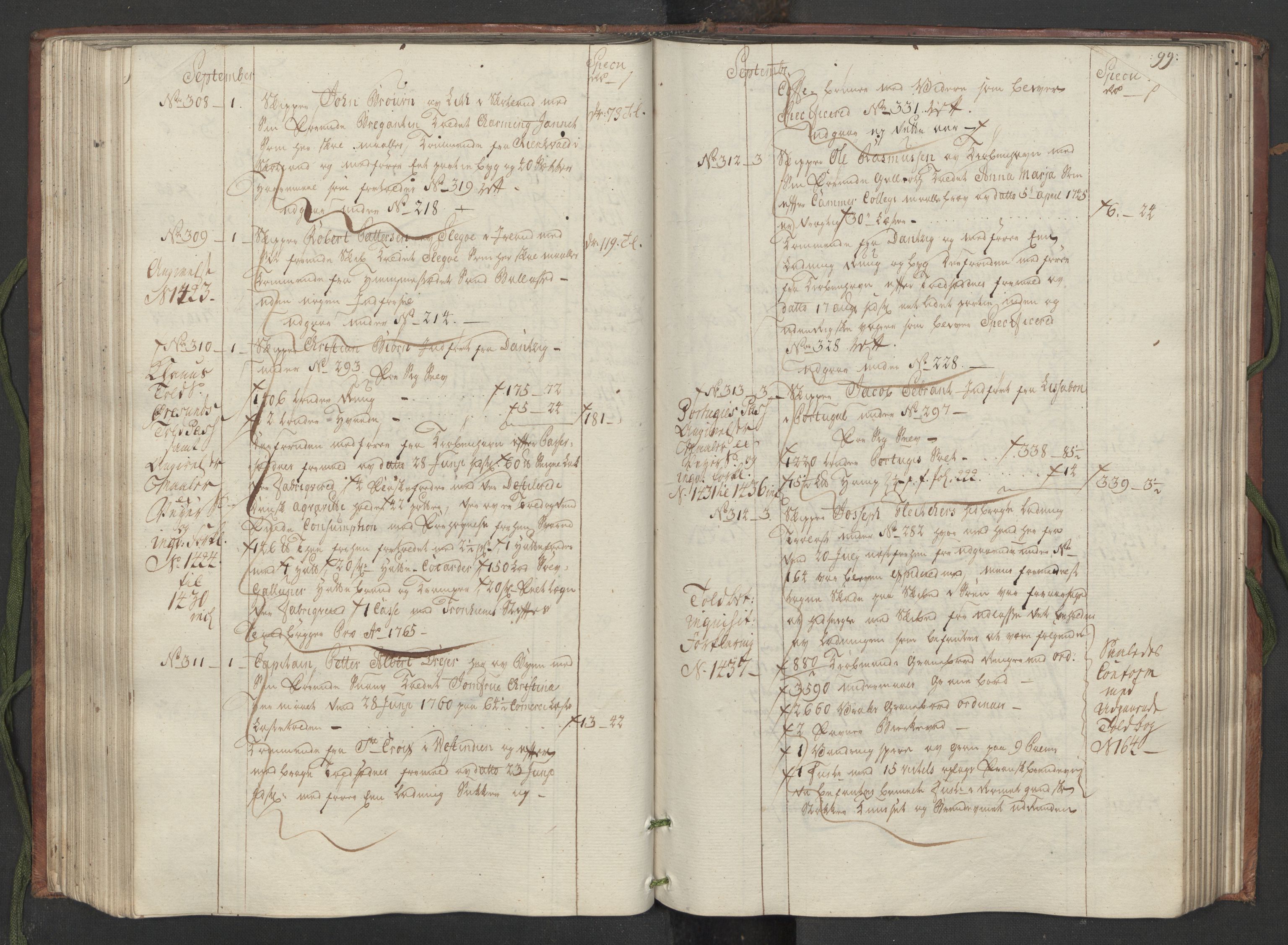 Generaltollkammeret, tollregnskaper, AV/RA-EA-5490/R33/L0082/0001: Tollregnskaper Trondheim A / Inngående hovedtollbok, 1764, s. 98b-99a