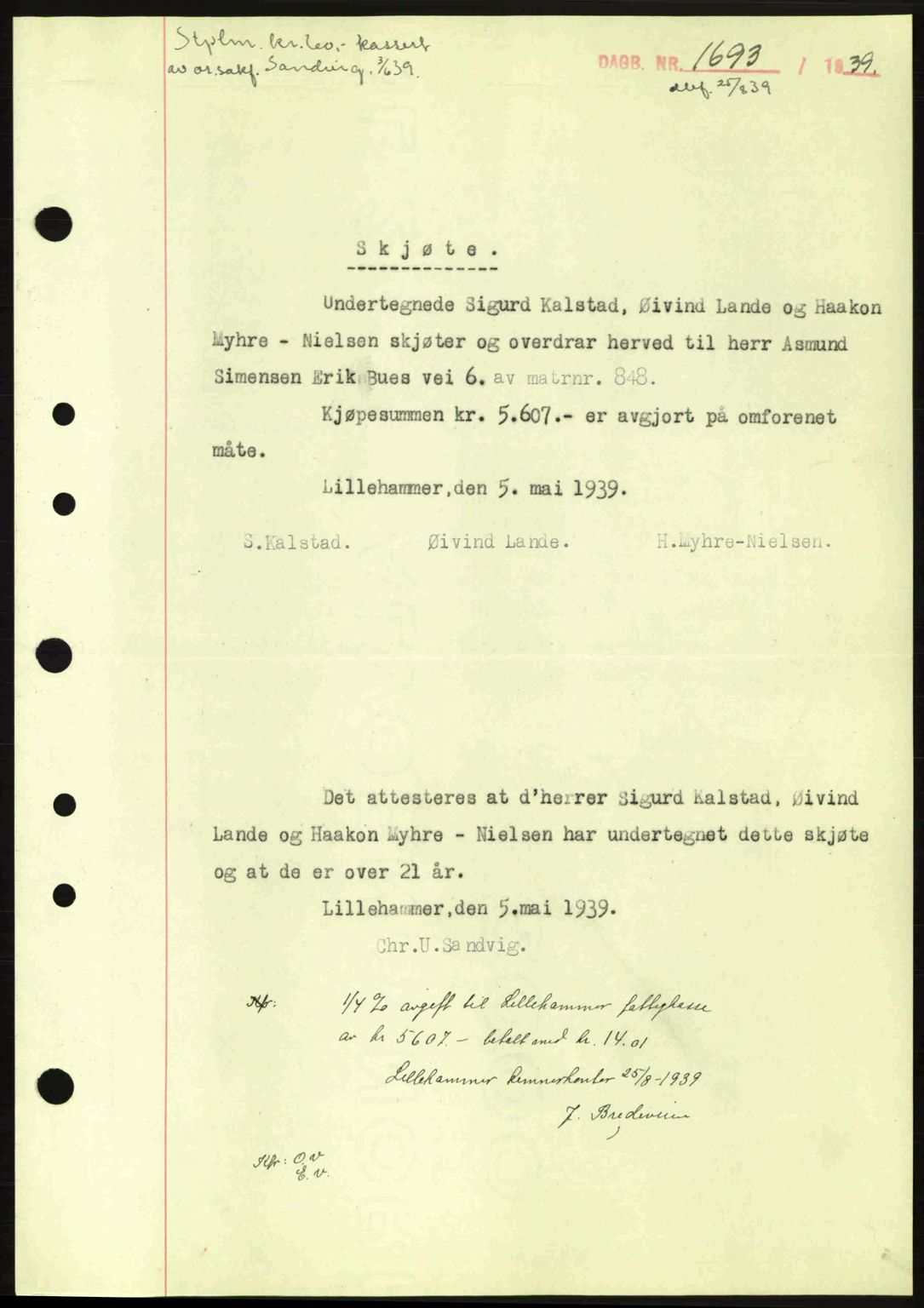 Sør-Gudbrandsdal tingrett, SAH/TING-004/H/Hb/Hbd/L0006: Pantebok nr. A6, 1939-1939, Dagboknr: 1693/1939