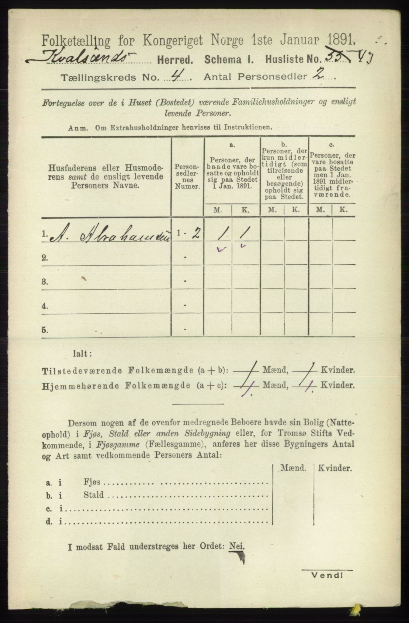 RA, Folketelling 1891 for 2017 Kvalsund herred, 1891, s. 182