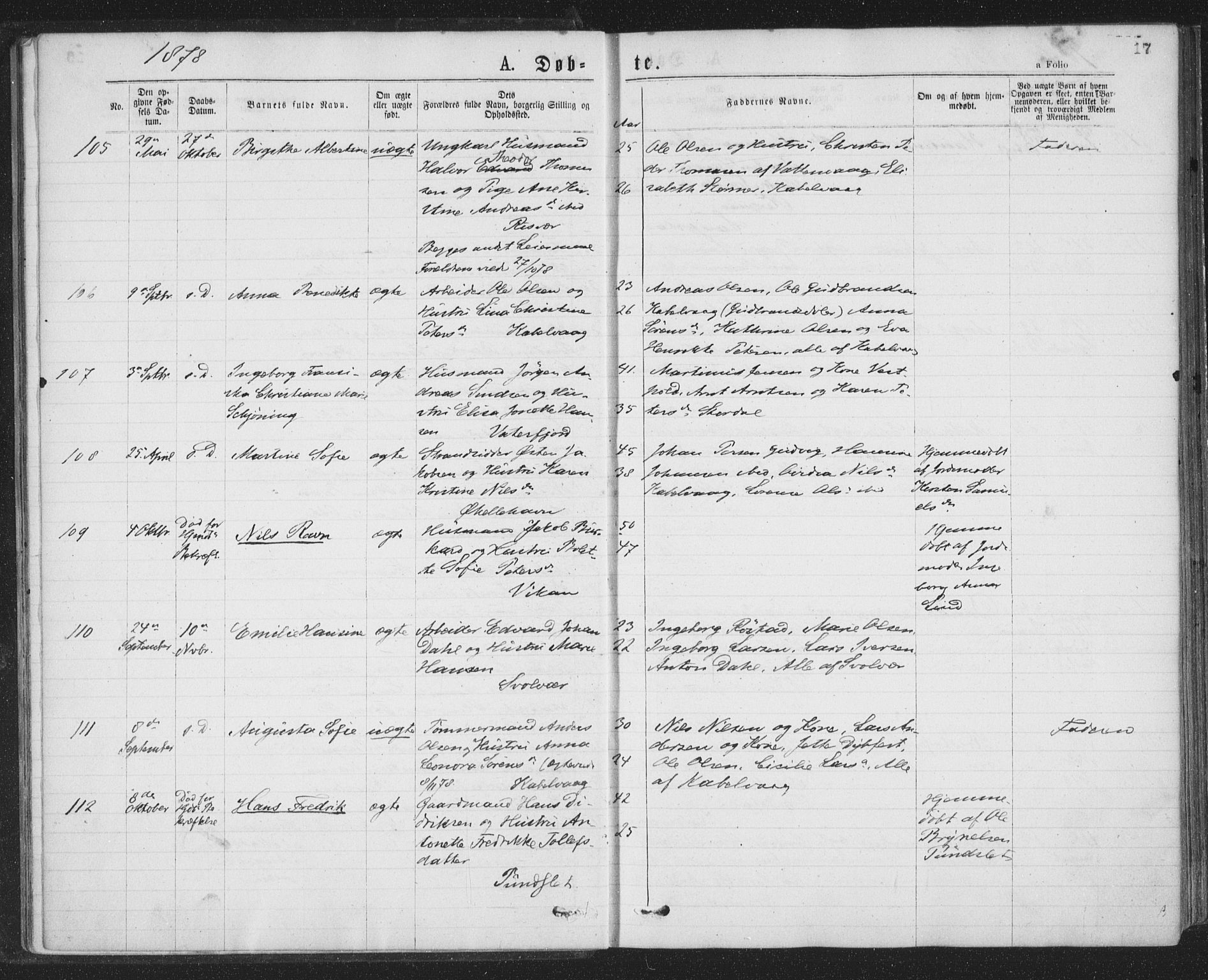 Ministerialprotokoller, klokkerbøker og fødselsregistre - Nordland, AV/SAT-A-1459/874/L1058: Ministerialbok nr. 874A02, 1878-1883, s. 17