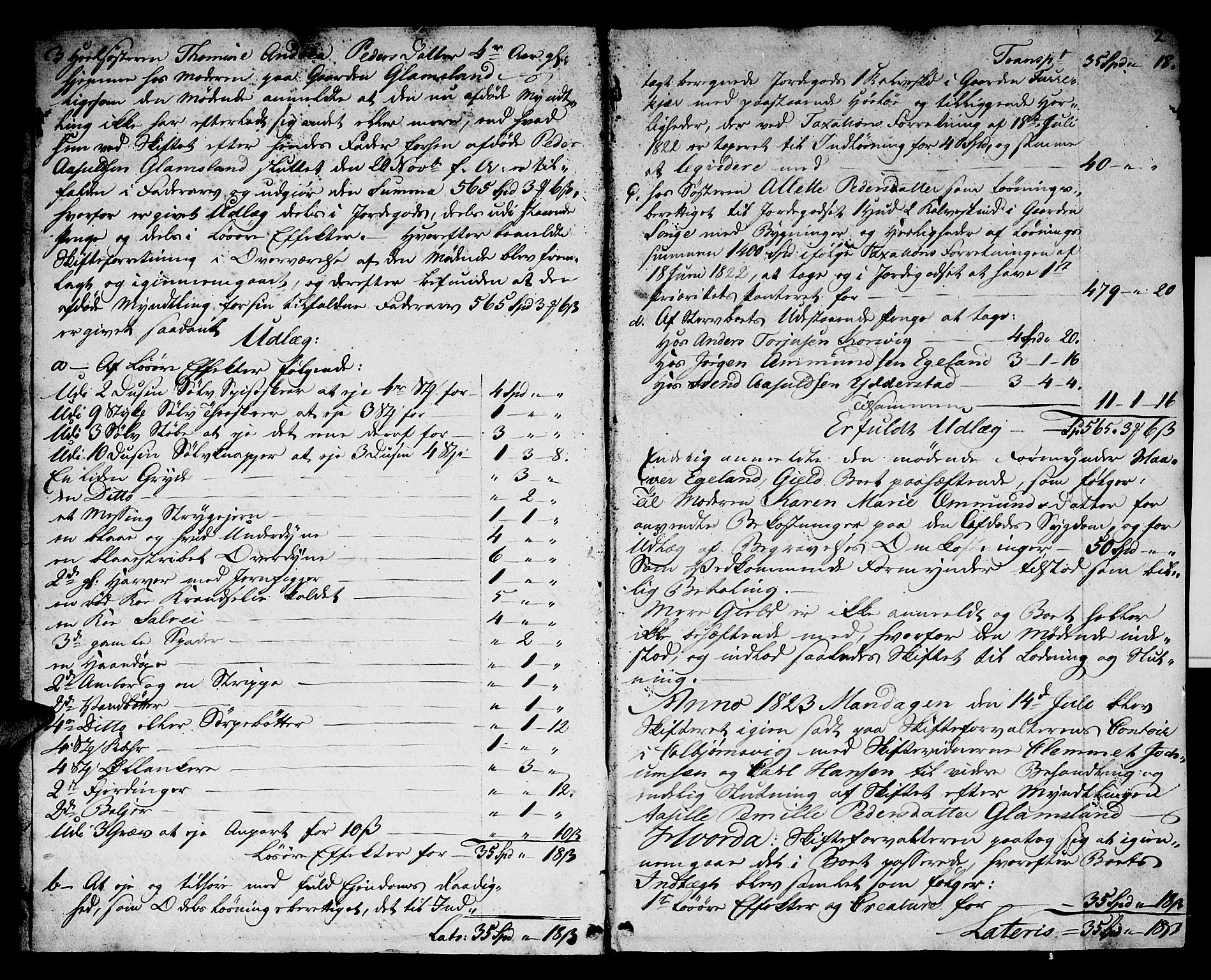 Nedenes sorenskriveri før 1824, SAK/1221-0007/H/Hc/L0058: Skifteprotokoll med register nr 42, 1823-1824, s. 1b-2a