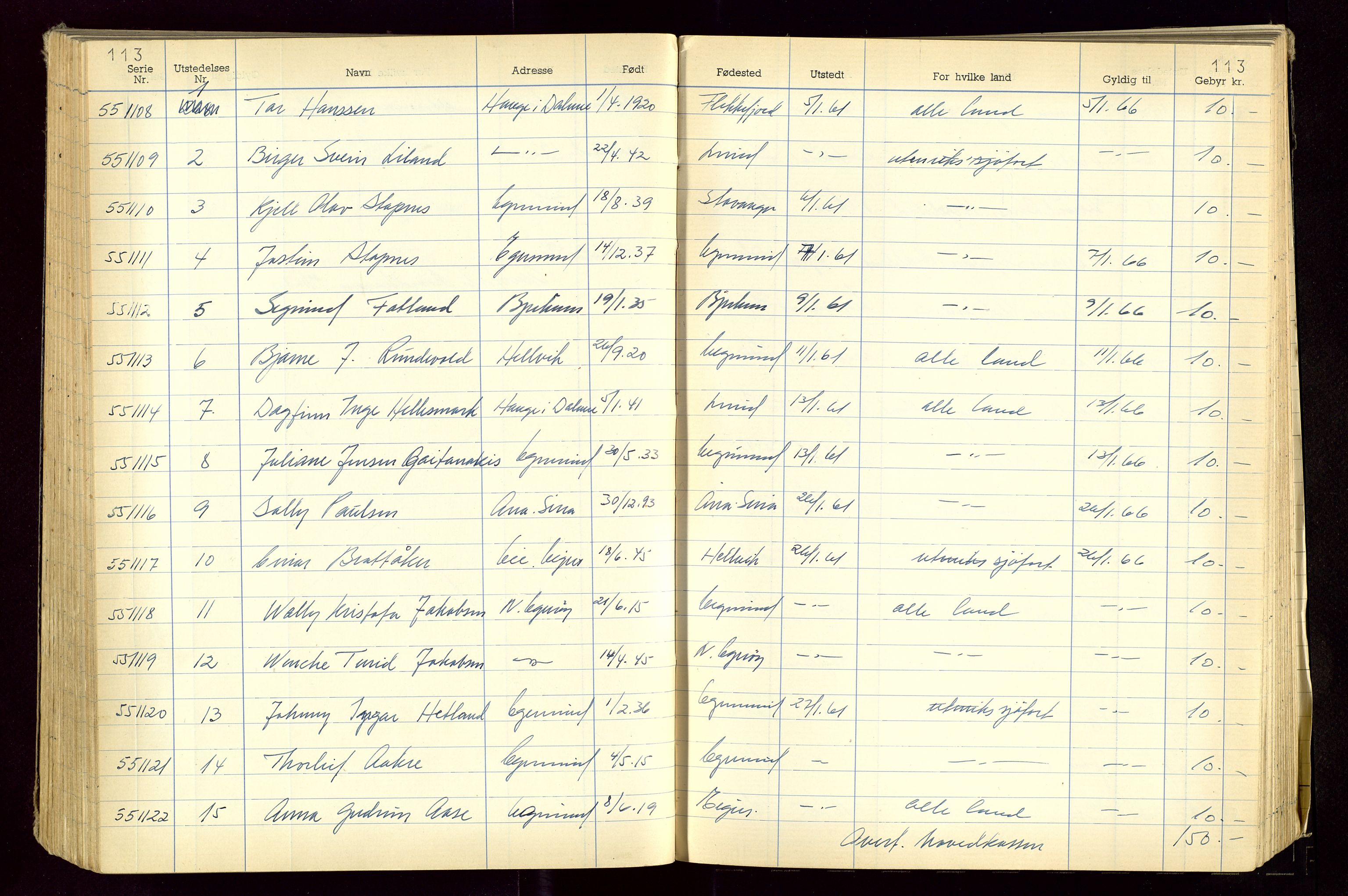Eigersund politistasjon, AV/SAST-A-100445/K/L0001: Passjournal, 1955-1967, s. 113