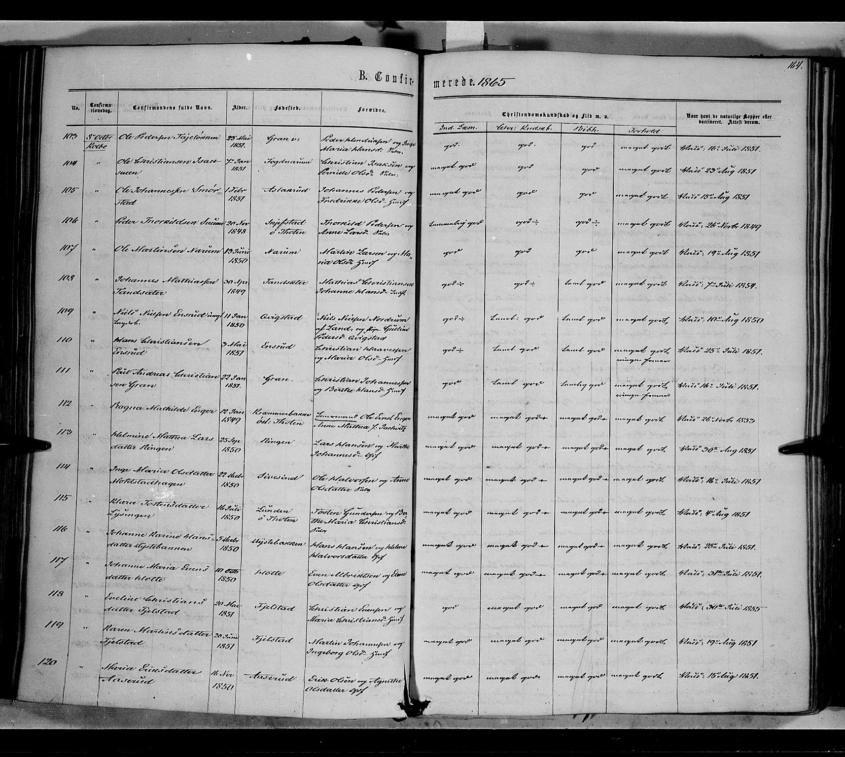 Vestre Toten prestekontor, SAH/PREST-108/H/Ha/Haa/L0007: Ministerialbok nr. 7, 1862-1869, s. 164