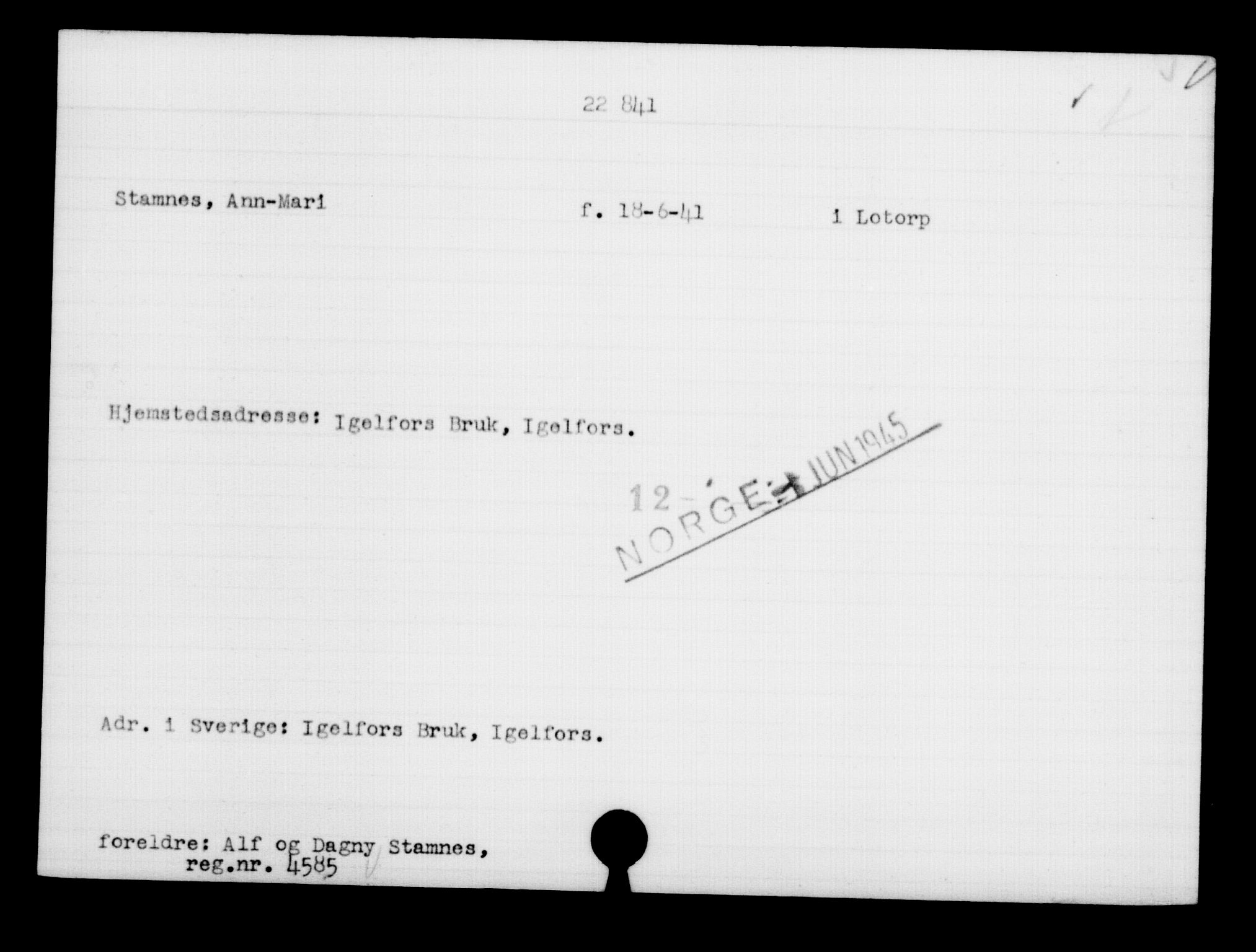 Utenriksstasjonene, Legasjonen i Stockholm, Flyktningkontoret, AV/RA-S-6753/V/Va/L0010: Kjesäterkartoteket, flyktninger med registreringsnr. 22000-25314, 1940-1945, s. 918