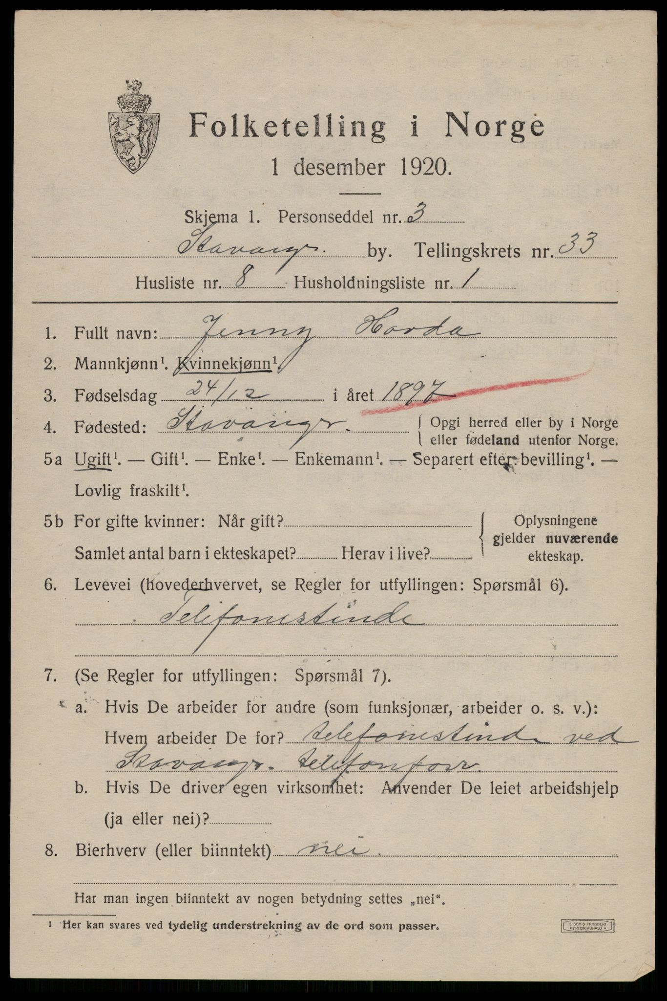 SAST, Folketelling 1920 for 1103 Stavanger kjøpstad, 1920, s. 90806
