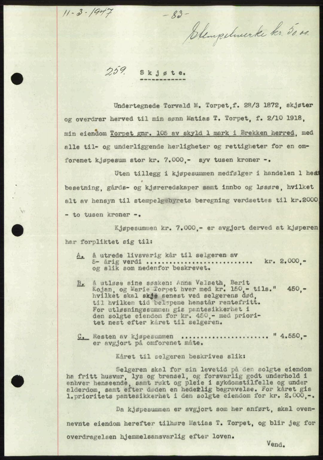 Gauldal sorenskriveri, SAT/A-0014/1/2/2C: Pantebok nr. A3, 1947-1947, Dagboknr: 259/1947