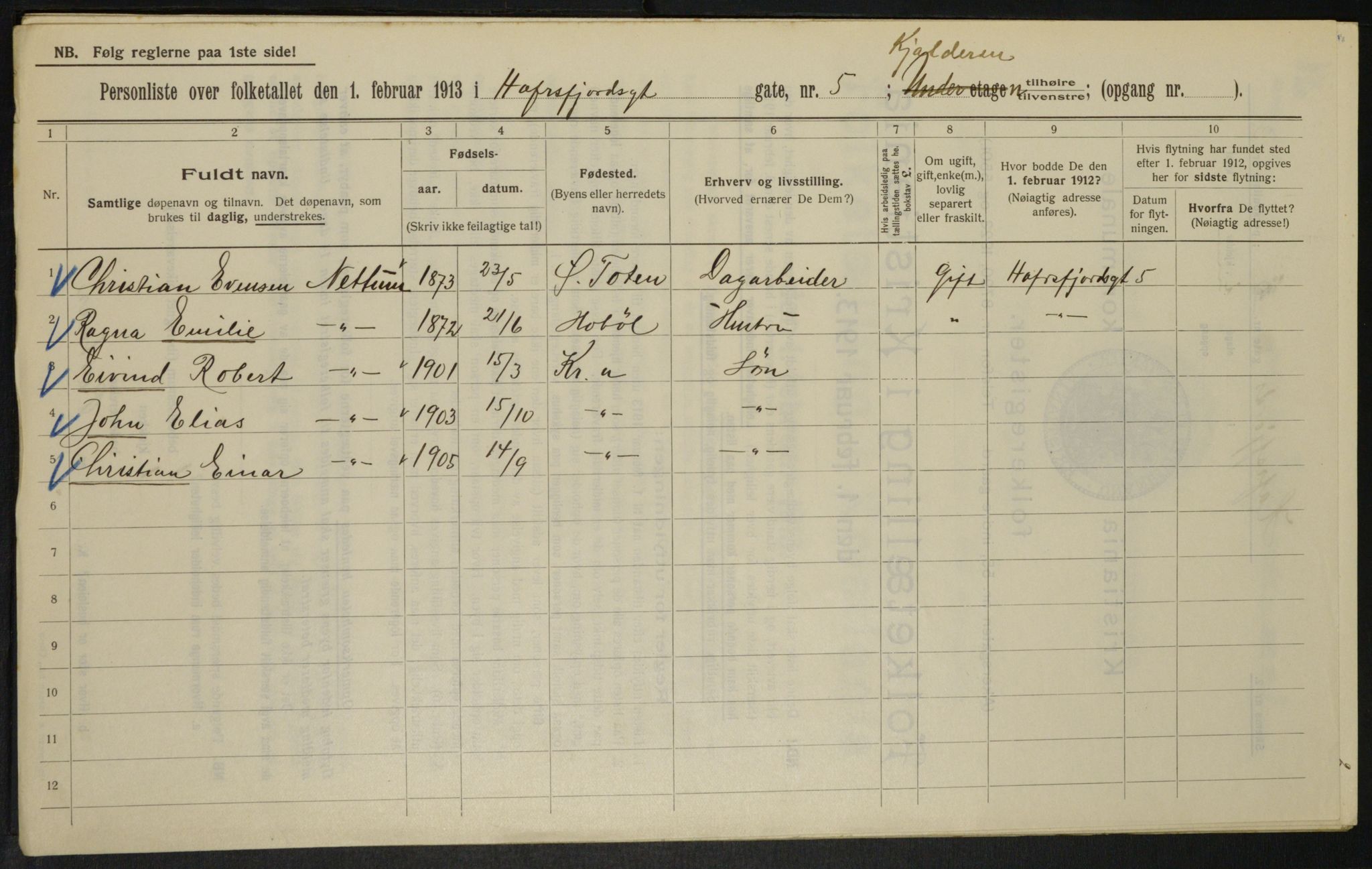 OBA, Kommunal folketelling 1.2.1913 for Kristiania, 1913, s. 33354