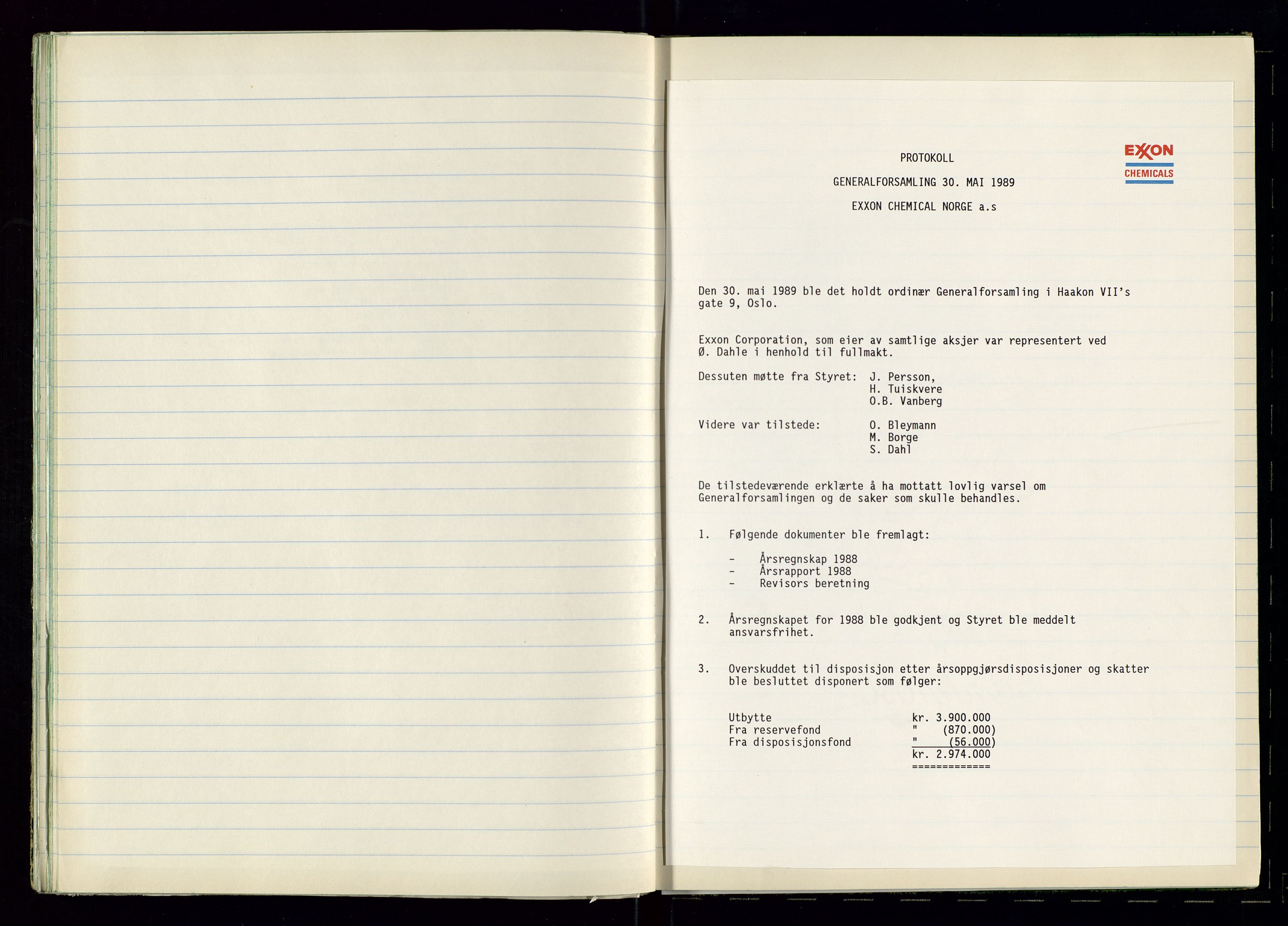 PA 1538 - Exxon Chemical Norge A/S, SAST/A-101958/A/Aa/L0001/0002: Generalforsamlinger og styreprotokoller / Protokoll for generalforsamlinger, 1966-1996