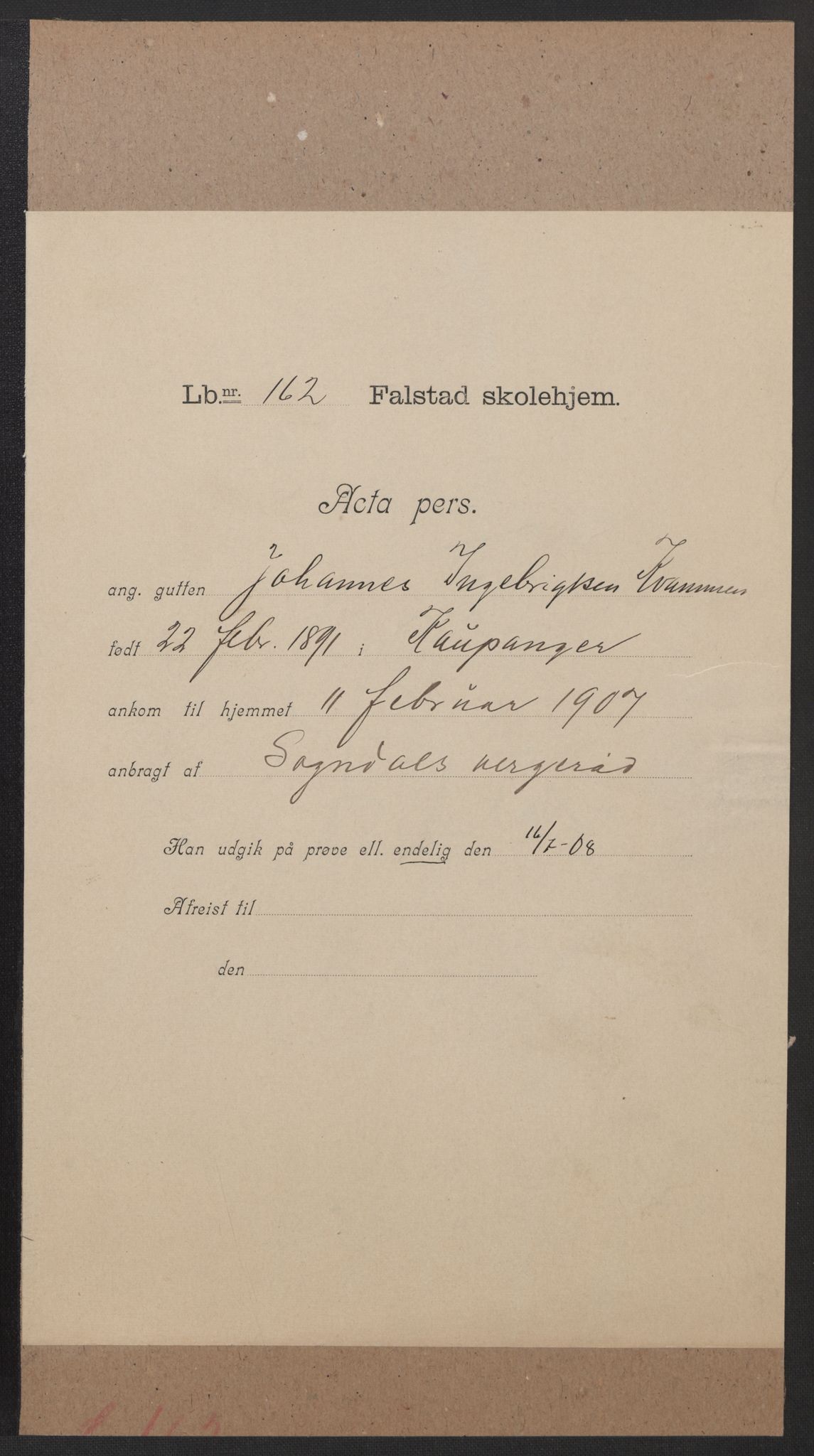 Falstad skolehjem, AV/RA-S-1676/E/Eb/L0007: Elevmapper løpenr. 146-168, 1905-1911, s. 250