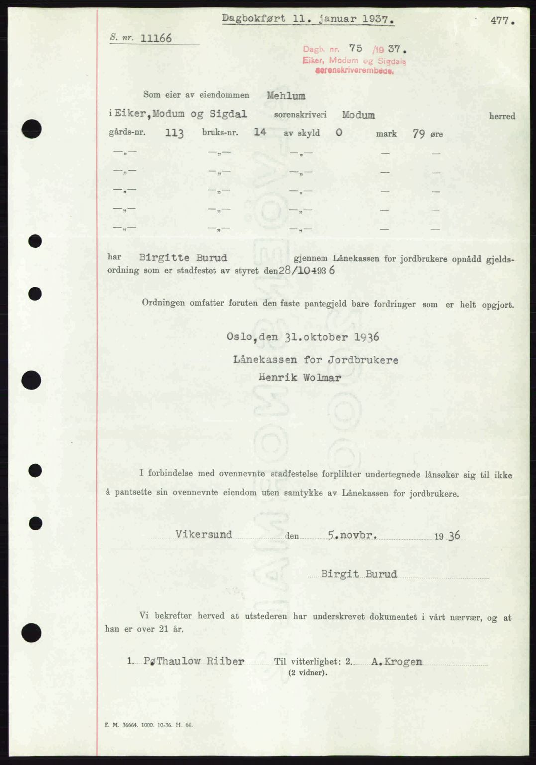 Eiker, Modum og Sigdal sorenskriveri, SAKO/A-123/G/Ga/Gab/L0034: Pantebok nr. A4, 1936-1937, Dagboknr: 75/1937