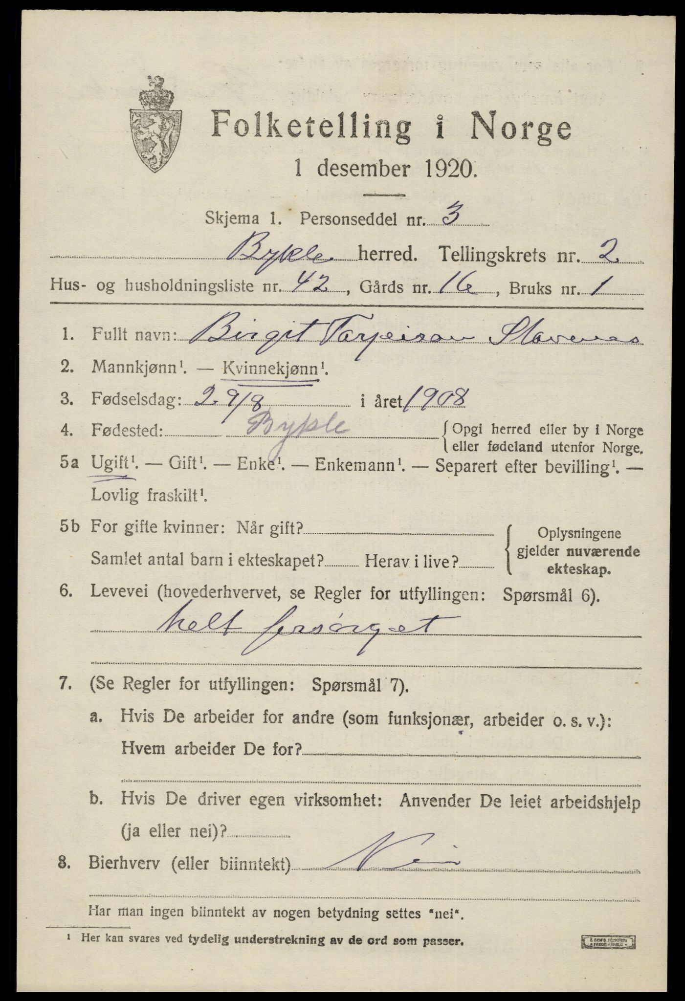 SAK, Folketelling 1920 for 0941 Bykle herred, 1920, s. 999