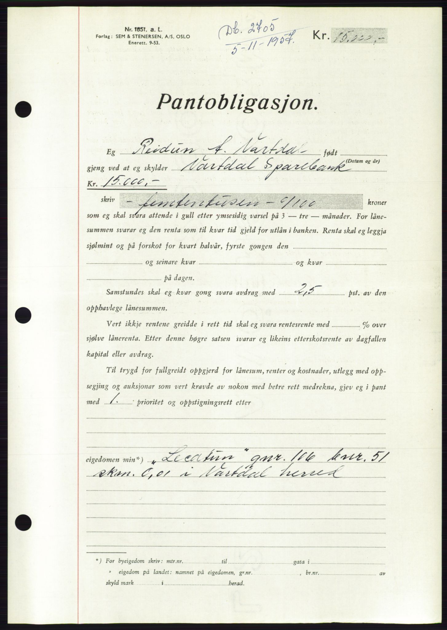 Søre Sunnmøre sorenskriveri, AV/SAT-A-4122/1/2/2C/L0130: Pantebok nr. 18B, 1957-1958, Dagboknr: 2705/1957