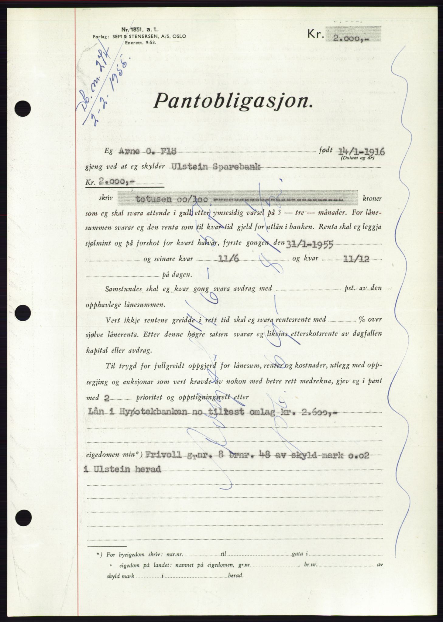 Søre Sunnmøre sorenskriveri, AV/SAT-A-4122/1/2/2C/L0126: Pantebok nr. 14B, 1954-1955, Dagboknr: 274/1955