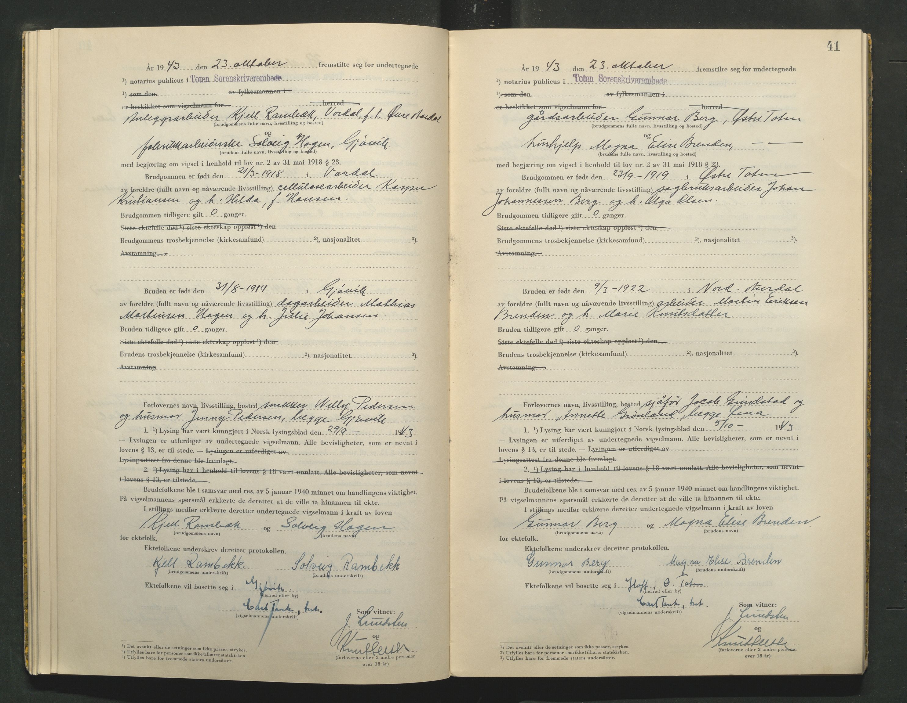 Toten tingrett, AV/SAH-TING-006/L/Lc/L0003: Vigselbok, 1943-1944, s. 41