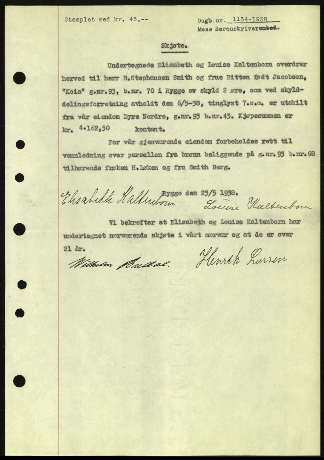 Moss sorenskriveri, SAO/A-10168: Pantebok nr. A4, 1938-1938, Dagboknr: 1154/1938