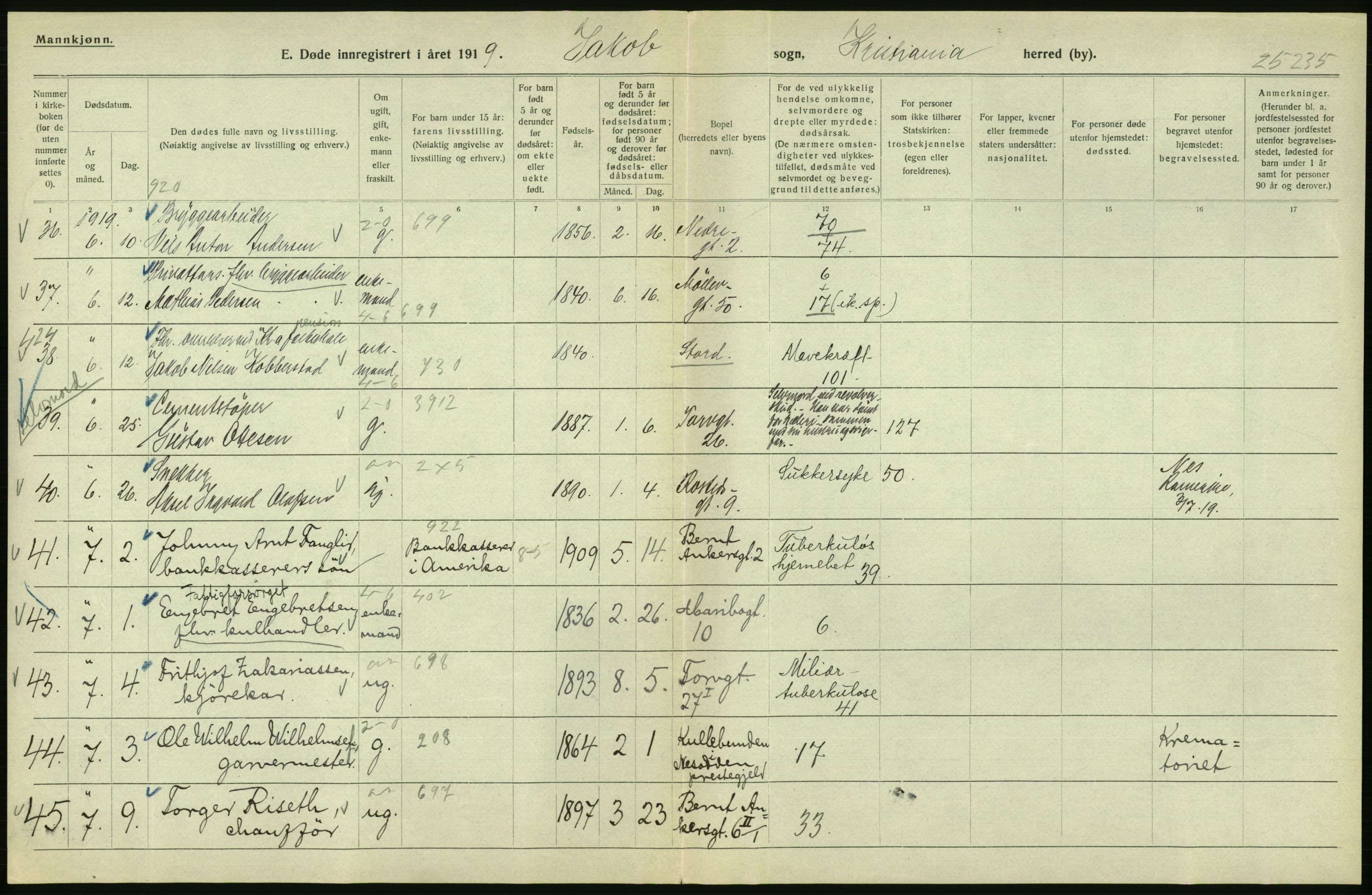 Statistisk sentralbyrå, Sosiodemografiske emner, Befolkning, AV/RA-S-2228/D/Df/Dfb/Dfbi/L0011: Kristiania: Døde, dødfødte, 1919