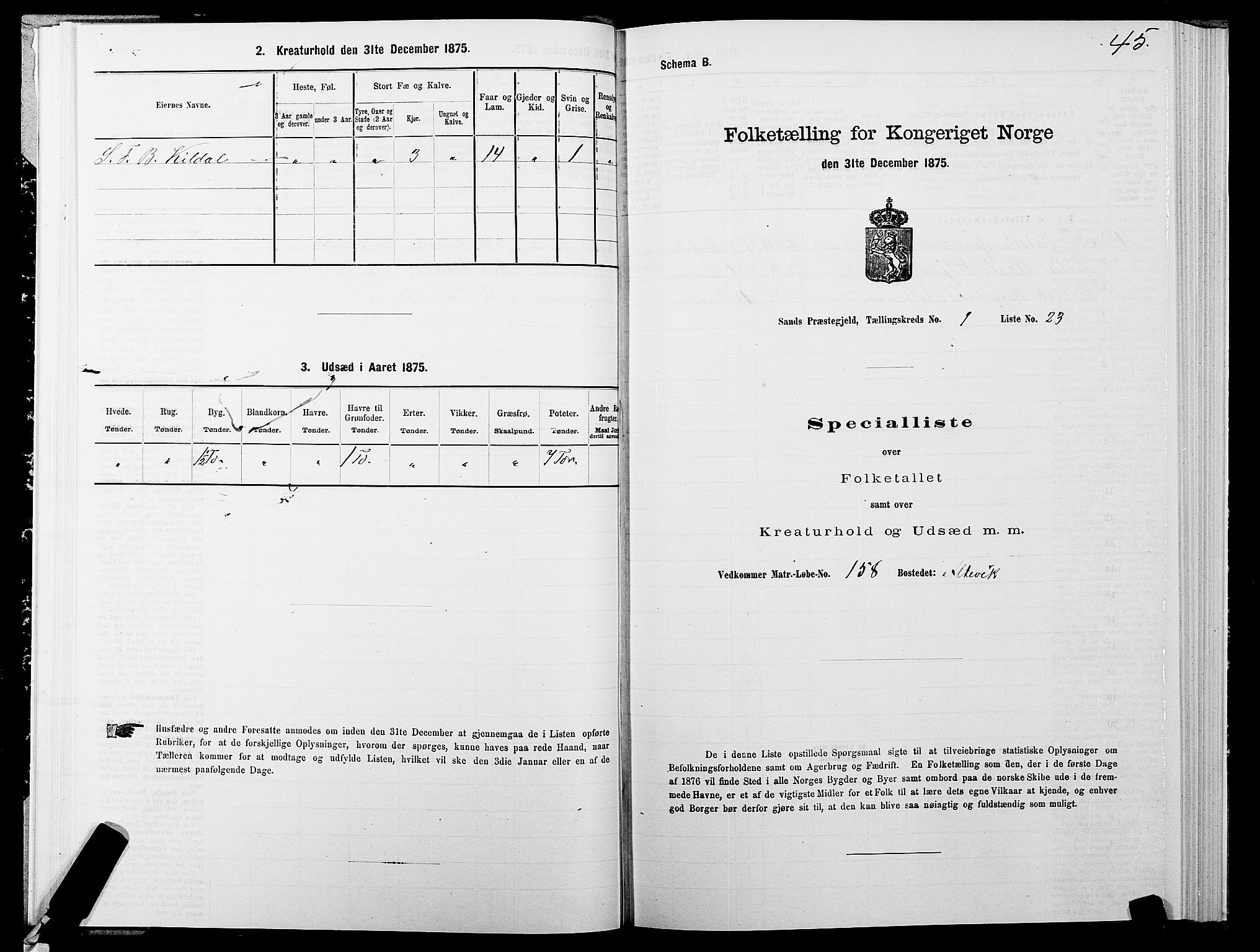 SATØ, Folketelling 1875 for 1915P Sand prestegjeld, 1875, s. 1045