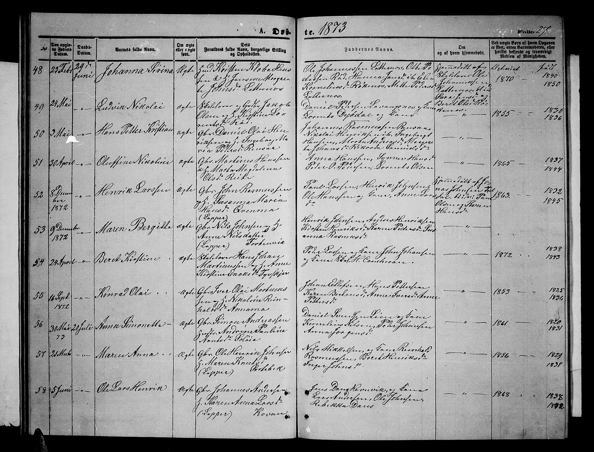 Ibestad sokneprestembete, AV/SATØ-S-0077/H/Ha/Hab/L0006klokker: Klokkerbok nr. 6, 1871-1879, s. 27