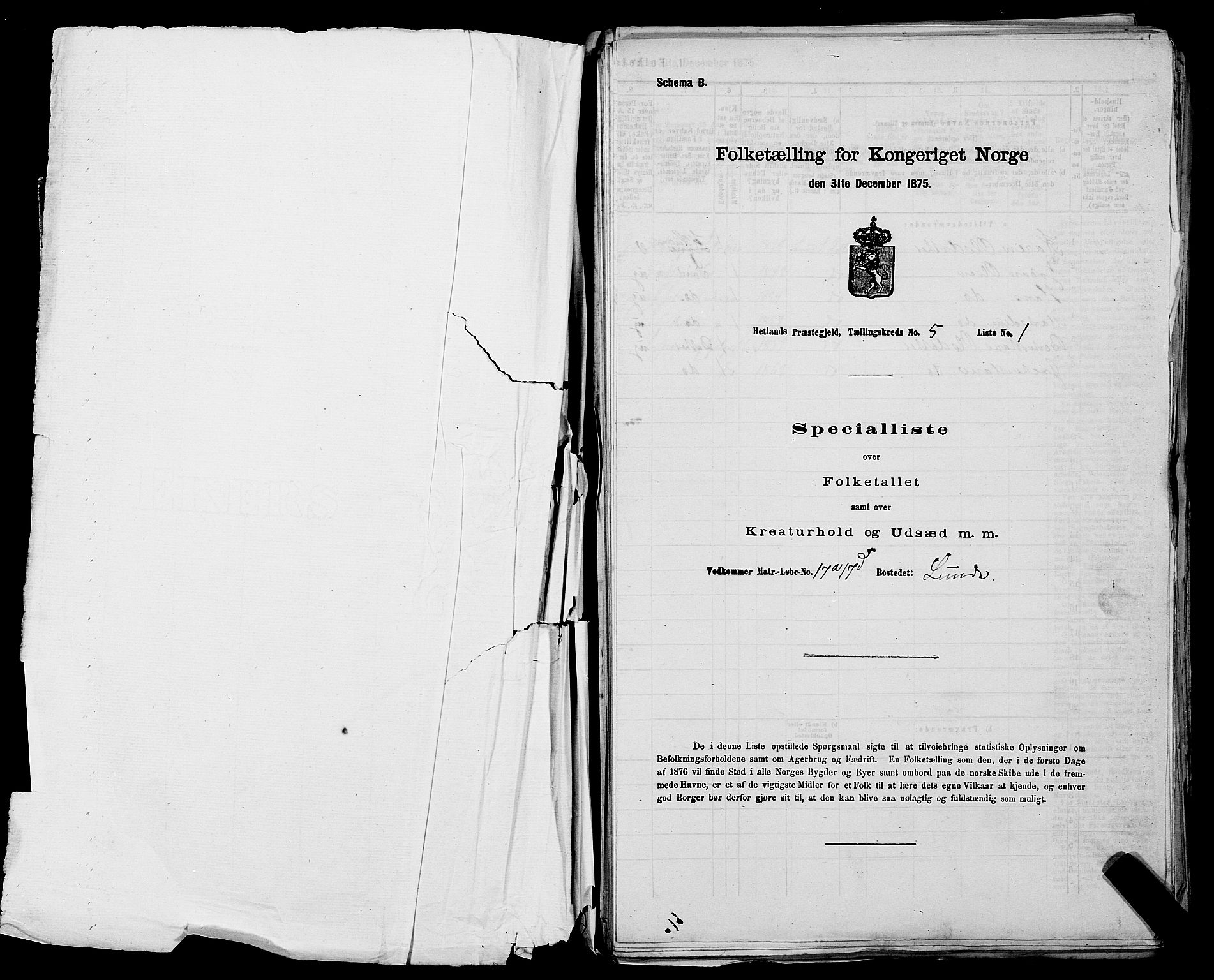 SAST, Folketelling 1875 for 1126P Hetland prestegjeld, 1875, s. 1052