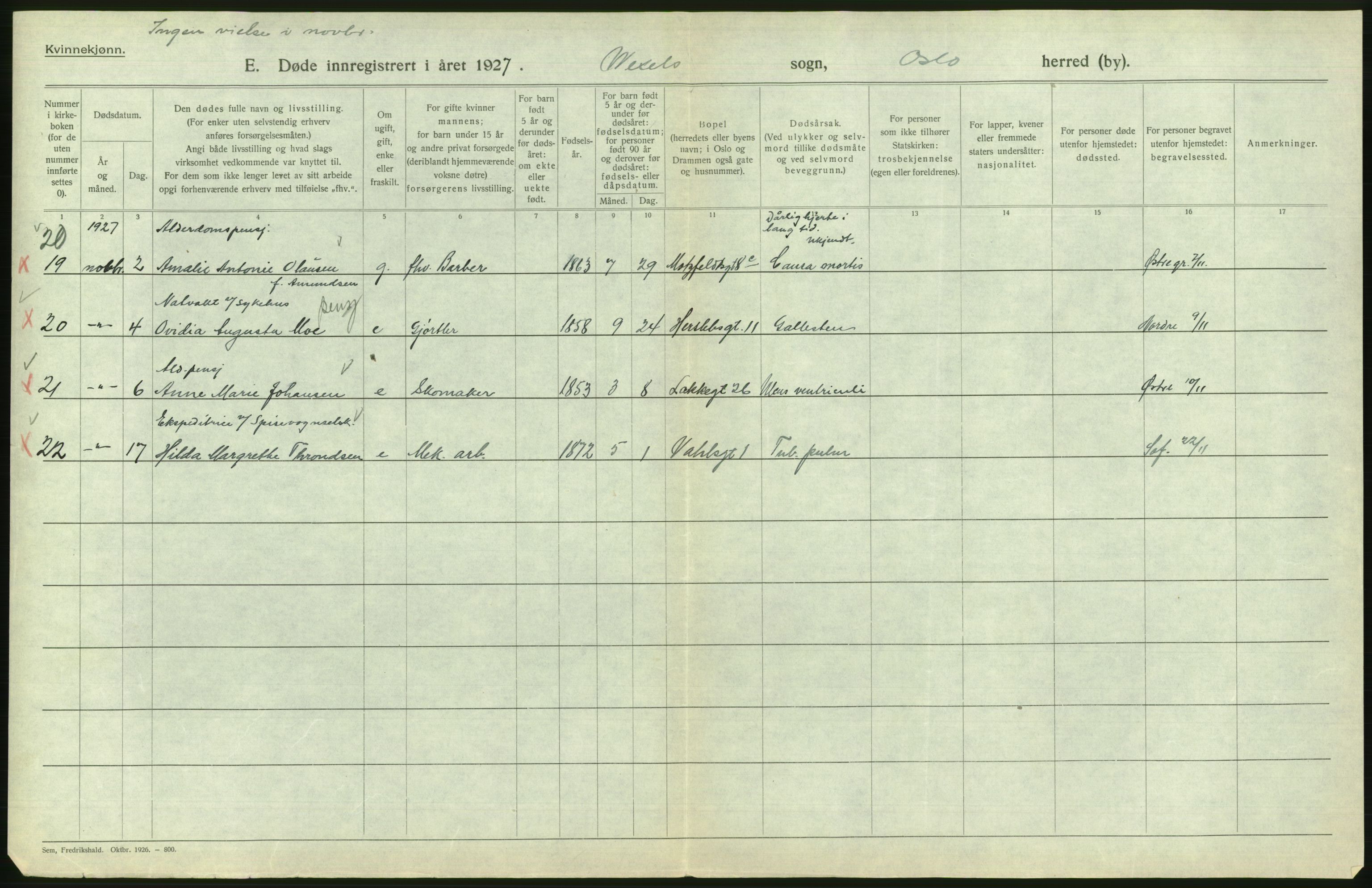 Statistisk sentralbyrå, Sosiodemografiske emner, Befolkning, AV/RA-S-2228/D/Df/Dfc/Dfcg/L0010: Oslo: Døde kvinner, dødfødte, 1927, s. 718