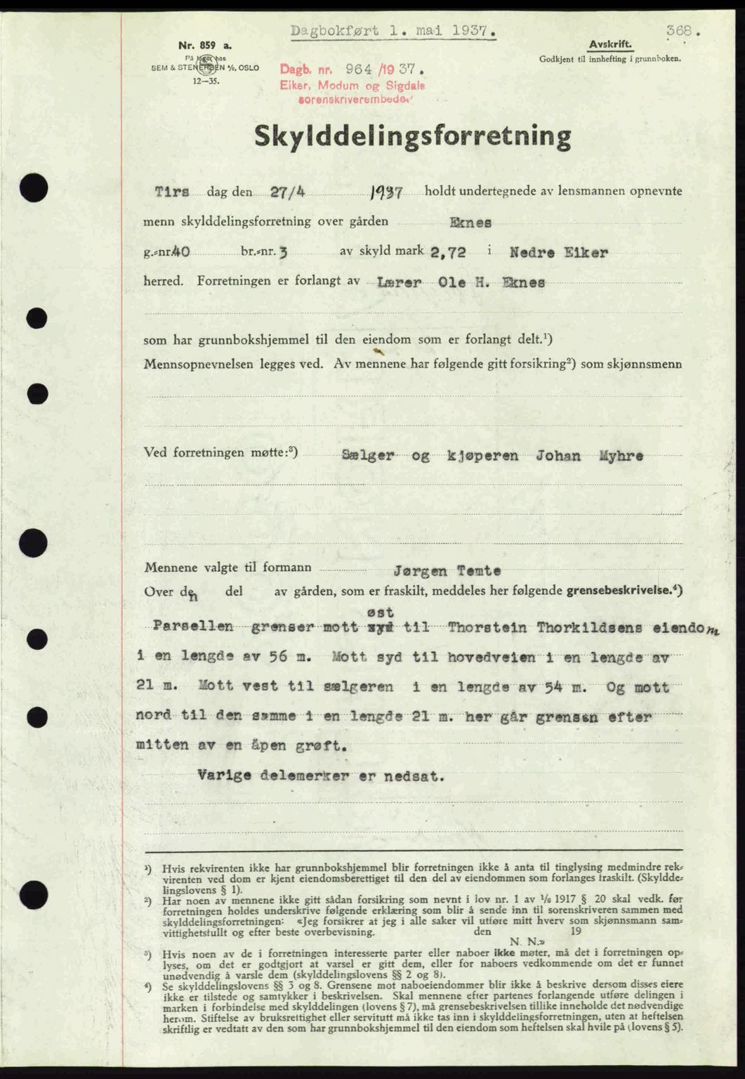 Eiker, Modum og Sigdal sorenskriveri, SAKO/A-123/G/Ga/Gab/L0035: Pantebok nr. A5, 1937-1937, Dagboknr: 964/1937