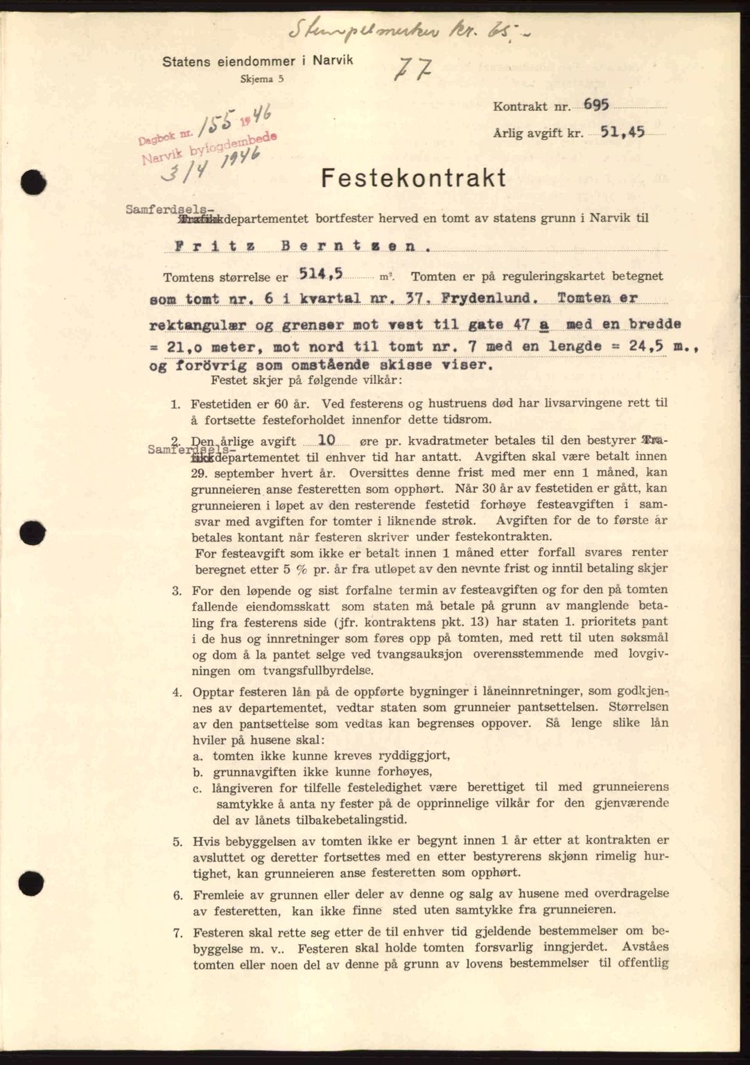 Narvik sorenskriveri, SAT/A-0002/1/2/2C/2Ca: Pantebok nr. A21, 1946-1947, Dagboknr: 155/1946