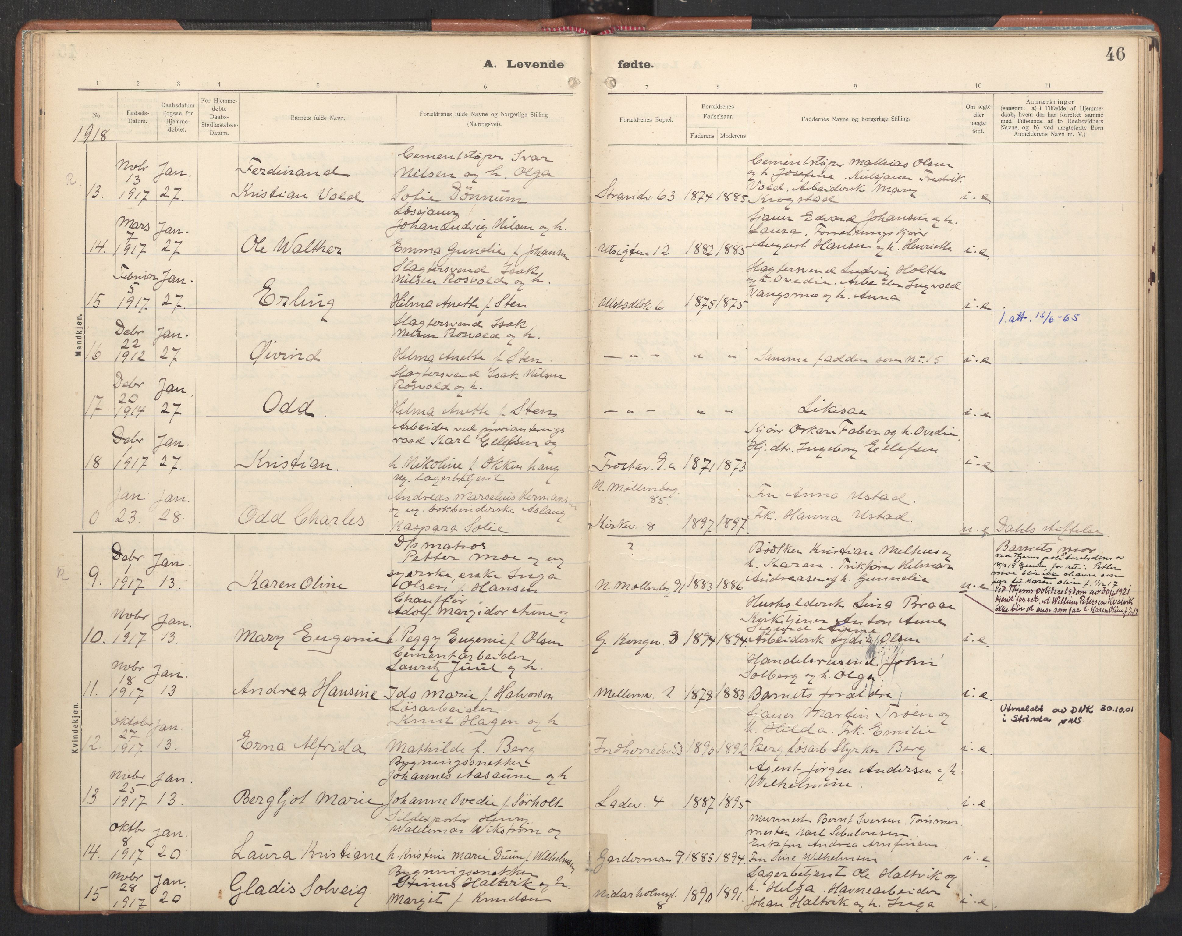 Ministerialprotokoller, klokkerbøker og fødselsregistre - Sør-Trøndelag, AV/SAT-A-1456/605/L0246: Ministerialbok nr. 605A08, 1916-1920, s. 46