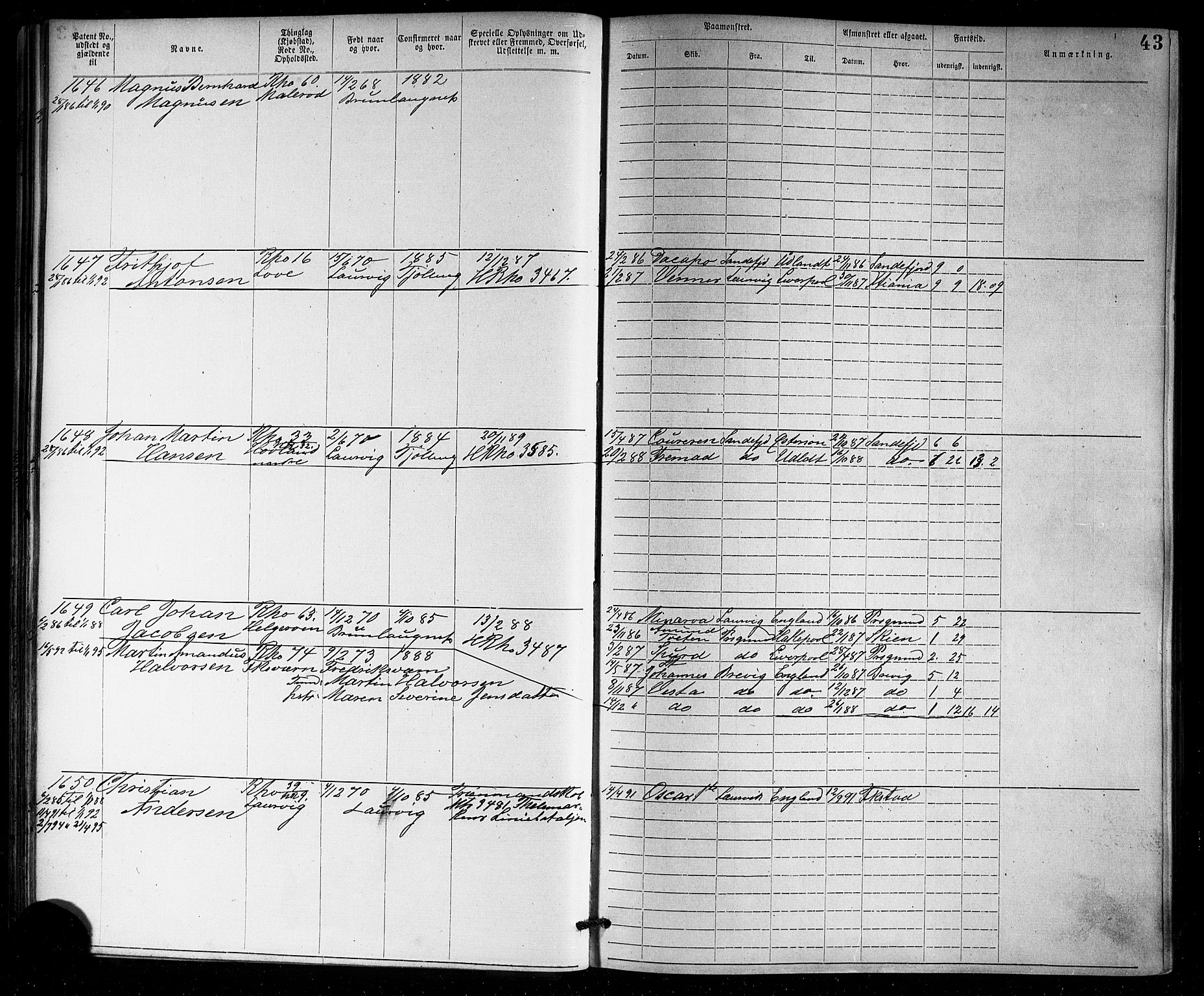 Larvik innrulleringskontor, AV/SAKO-A-787/F/Fb/L0001: Annotasjonsrulle, 1876-1904, s. 43