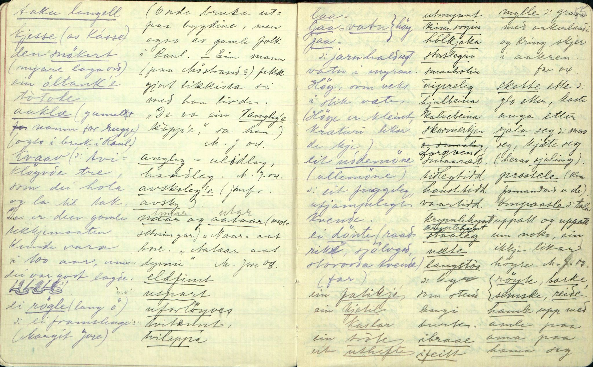 Rikard Berge, TEMU/TGM-A-1003/F/L0002/0008: 031-060 Innholdslister / 38 Maalprøvur og ordlistur, 1903, s. 54-55