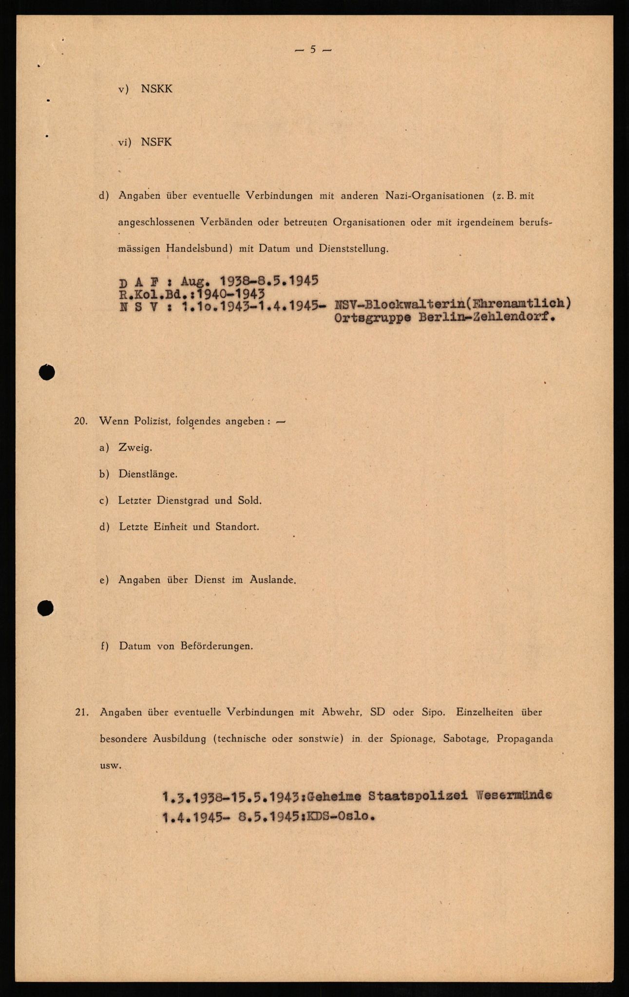 Forsvaret, Forsvarets overkommando II, RA/RAFA-3915/D/Db/L0010: CI Questionaires. Tyske okkupasjonsstyrker i Norge. Tyskere., 1945-1946, s. 388