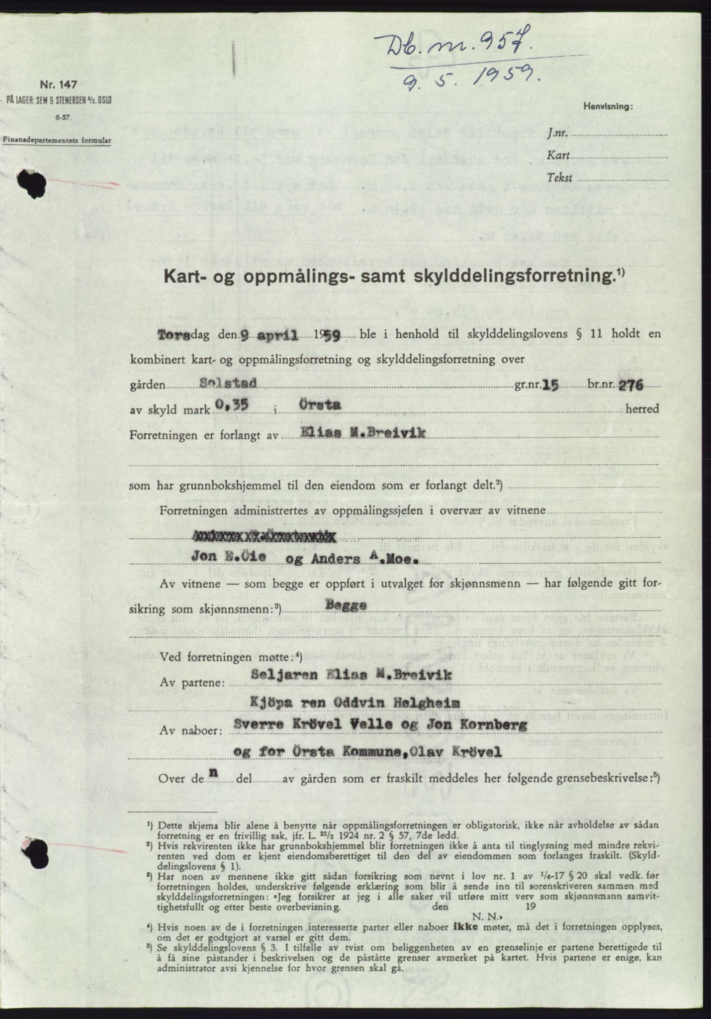 Søre Sunnmøre sorenskriveri, SAT/A-4122/1/2/2C/L0112: Pantebok nr. 38A, 1959-1959, Dagboknr: 957/1959