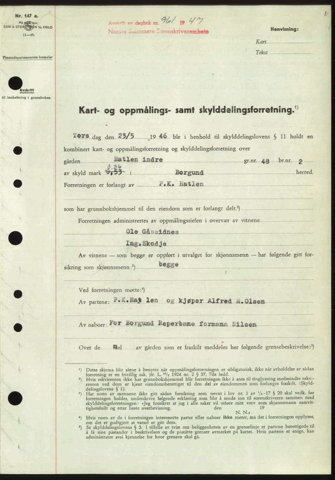 Nordre Sunnmøre sorenskriveri, SAT/A-0006/1/2/2C/2Ca: Pantebok nr. A24, 1947-1947, Dagboknr: 961/1947