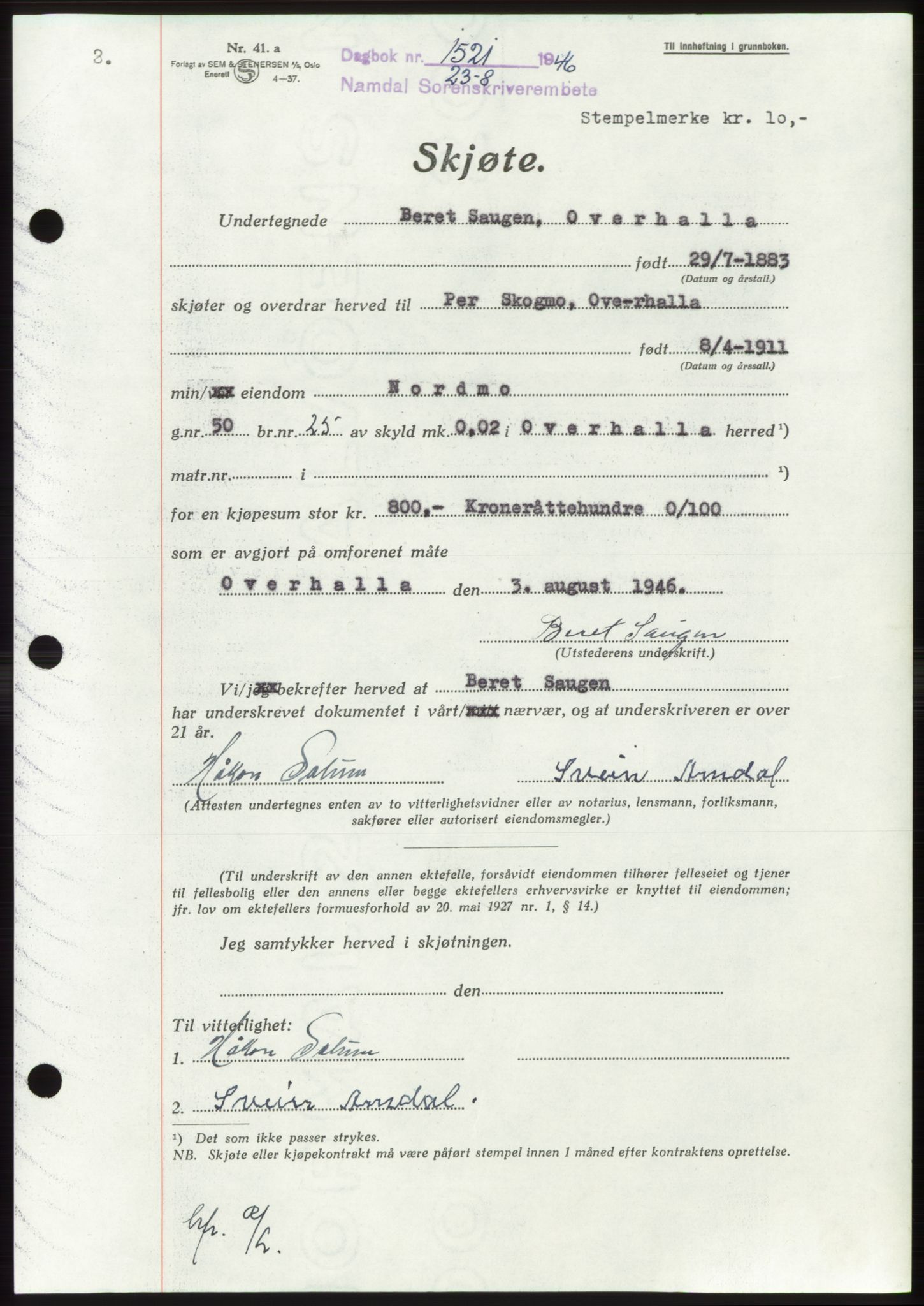 Namdal sorenskriveri, SAT/A-4133/1/2/2C: Pantebok nr. -, 1946-1946, Dagboknr: 1521/1946