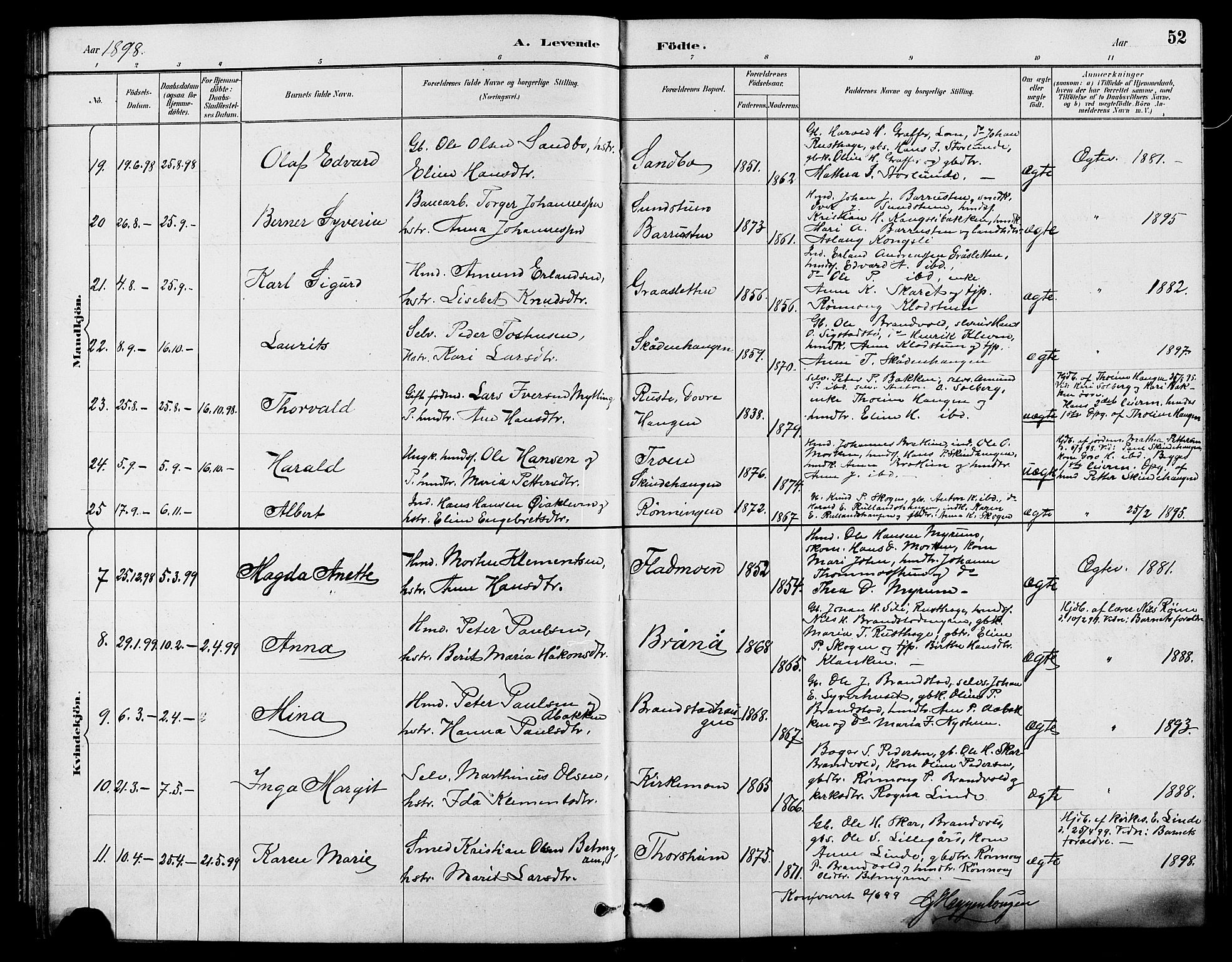 Nord-Fron prestekontor, SAH/PREST-080/H/Ha/Hab/L0004: Klokkerbok nr. 4, 1884-1914, s. 52