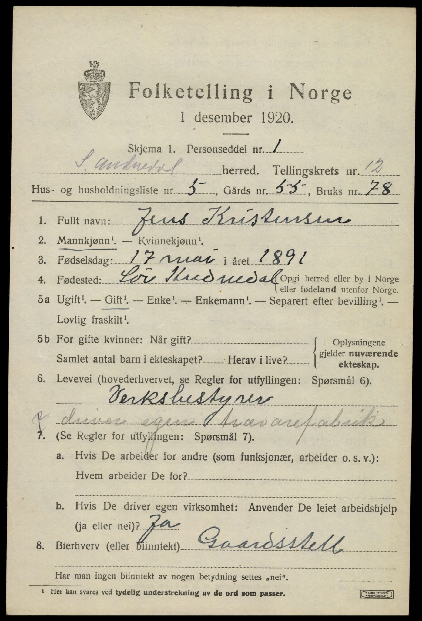 SAK, Folketelling 1920 for 1029 Sør-Audnedal herred, 1920, s. 4549
