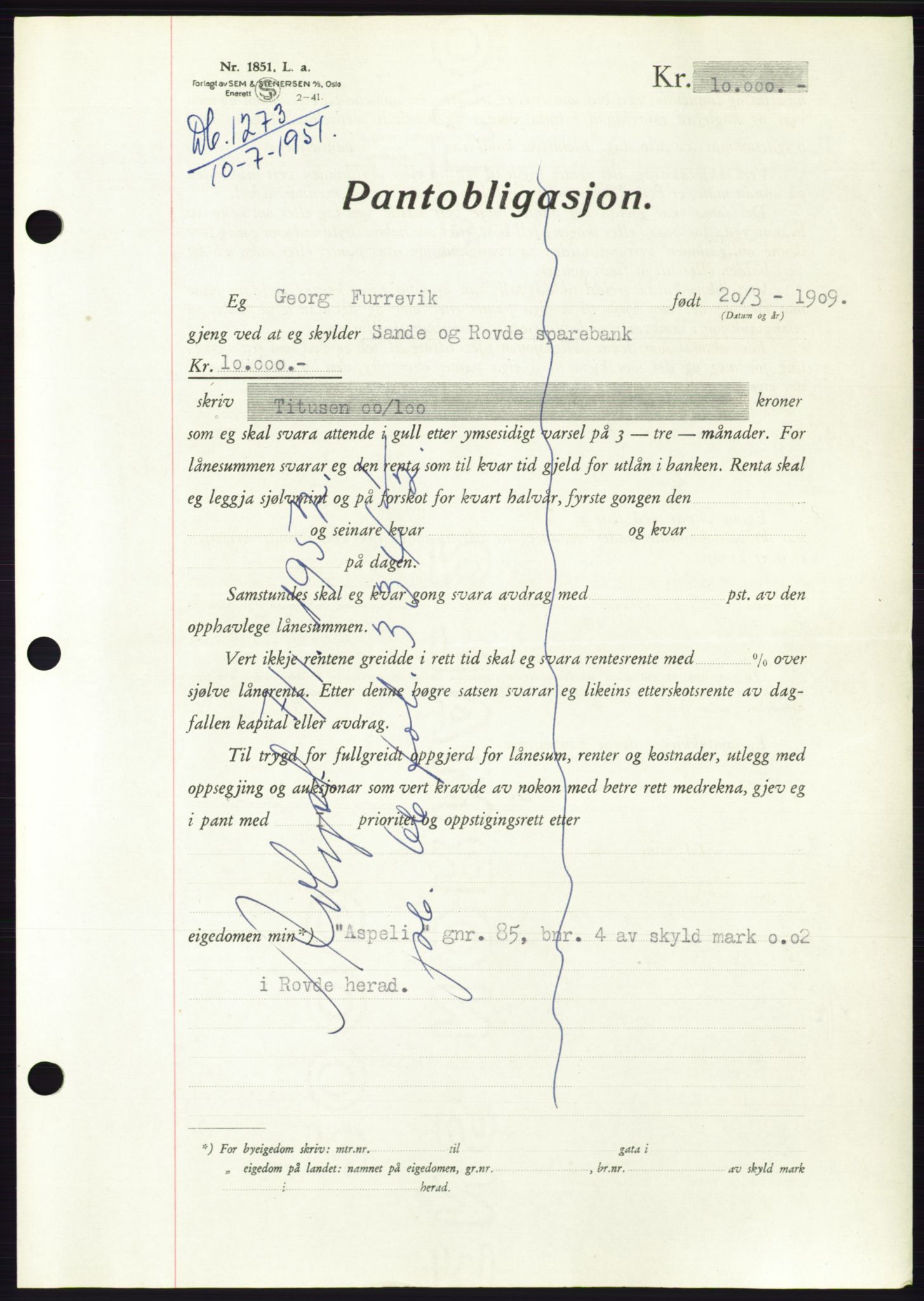 Søre Sunnmøre sorenskriveri, AV/SAT-A-4122/1/2/2C/L0120: Pantebok nr. 8B, 1951-1951, Dagboknr: 1273/1951