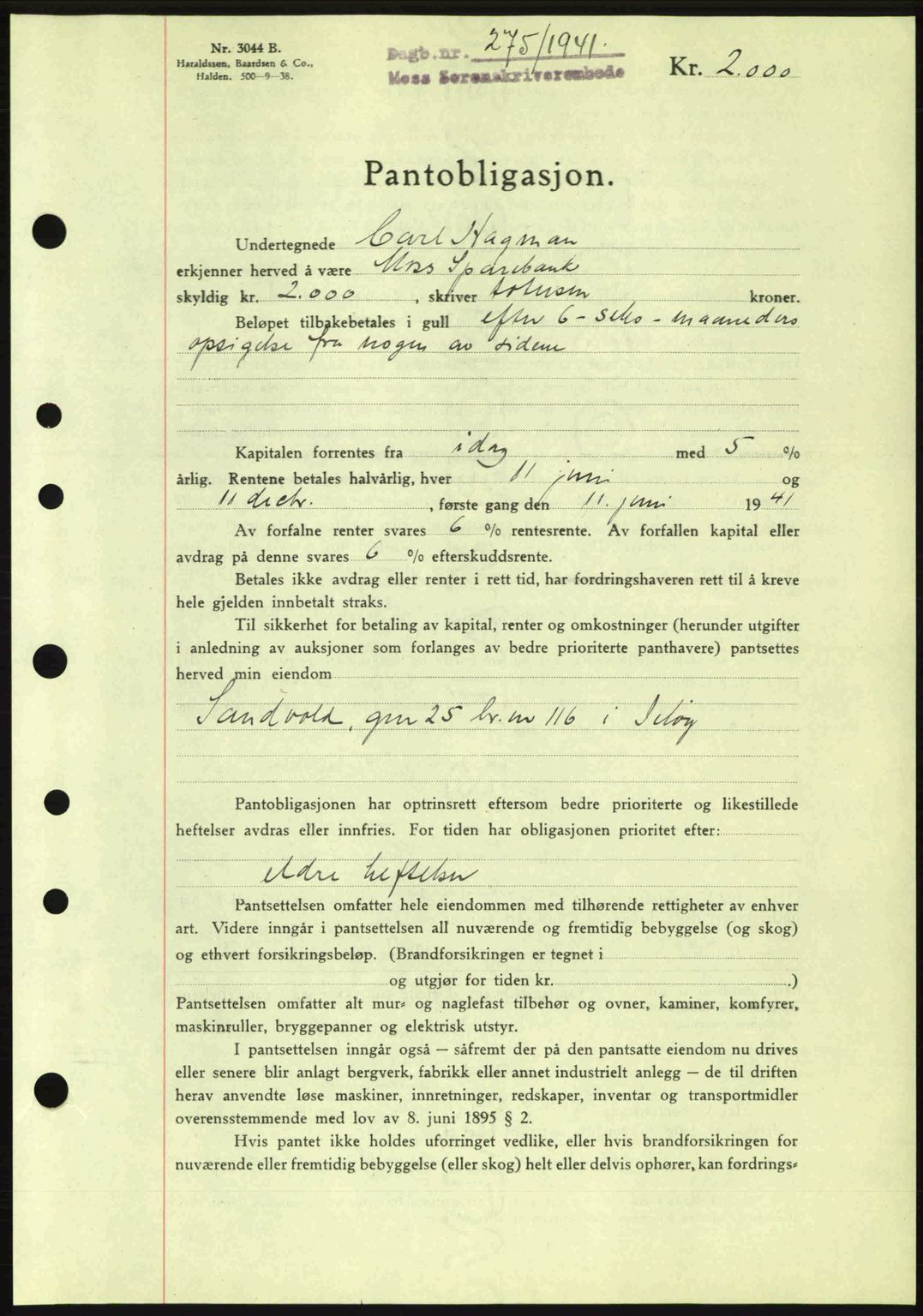 Moss sorenskriveri, SAO/A-10168: Pantebok nr. B10, 1940-1941, Dagboknr: 275/1941