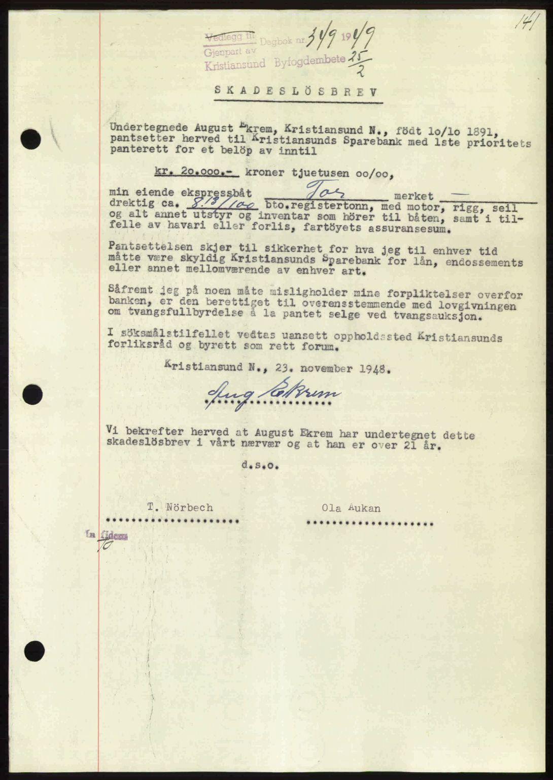 Kristiansund byfogd, AV/SAT-A-4587/A/27: Pantebok nr. 45, 1948-1949, Dagboknr: 349/1949