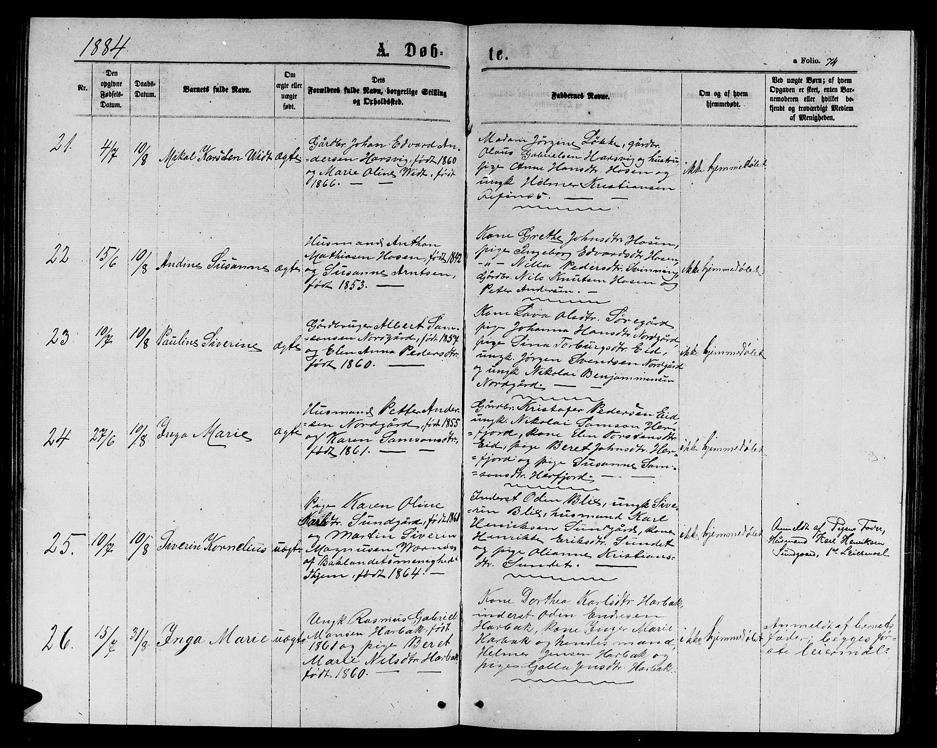 Ministerialprotokoller, klokkerbøker og fødselsregistre - Sør-Trøndelag, AV/SAT-A-1456/656/L0695: Klokkerbok nr. 656C01, 1867-1889, s. 74