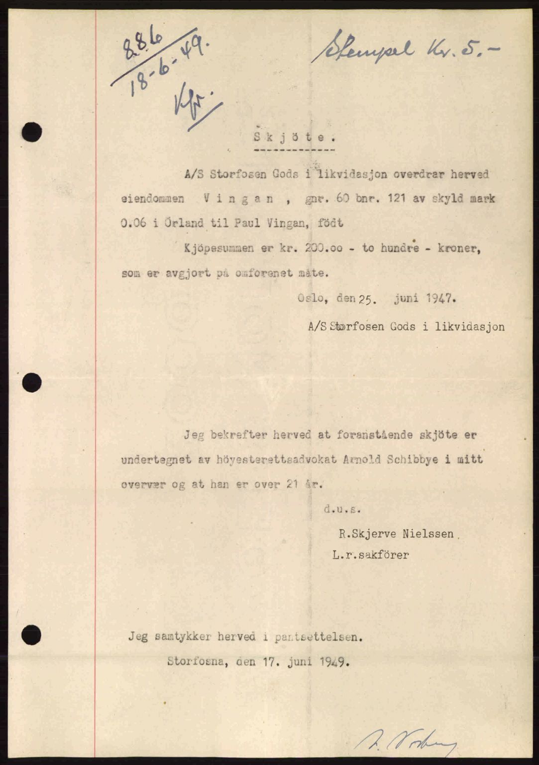 Fosen sorenskriveri, AV/SAT-A-1107/1/2/2C: Pantebok nr. A9, 1948-1949, Dagboknr: 886/1949