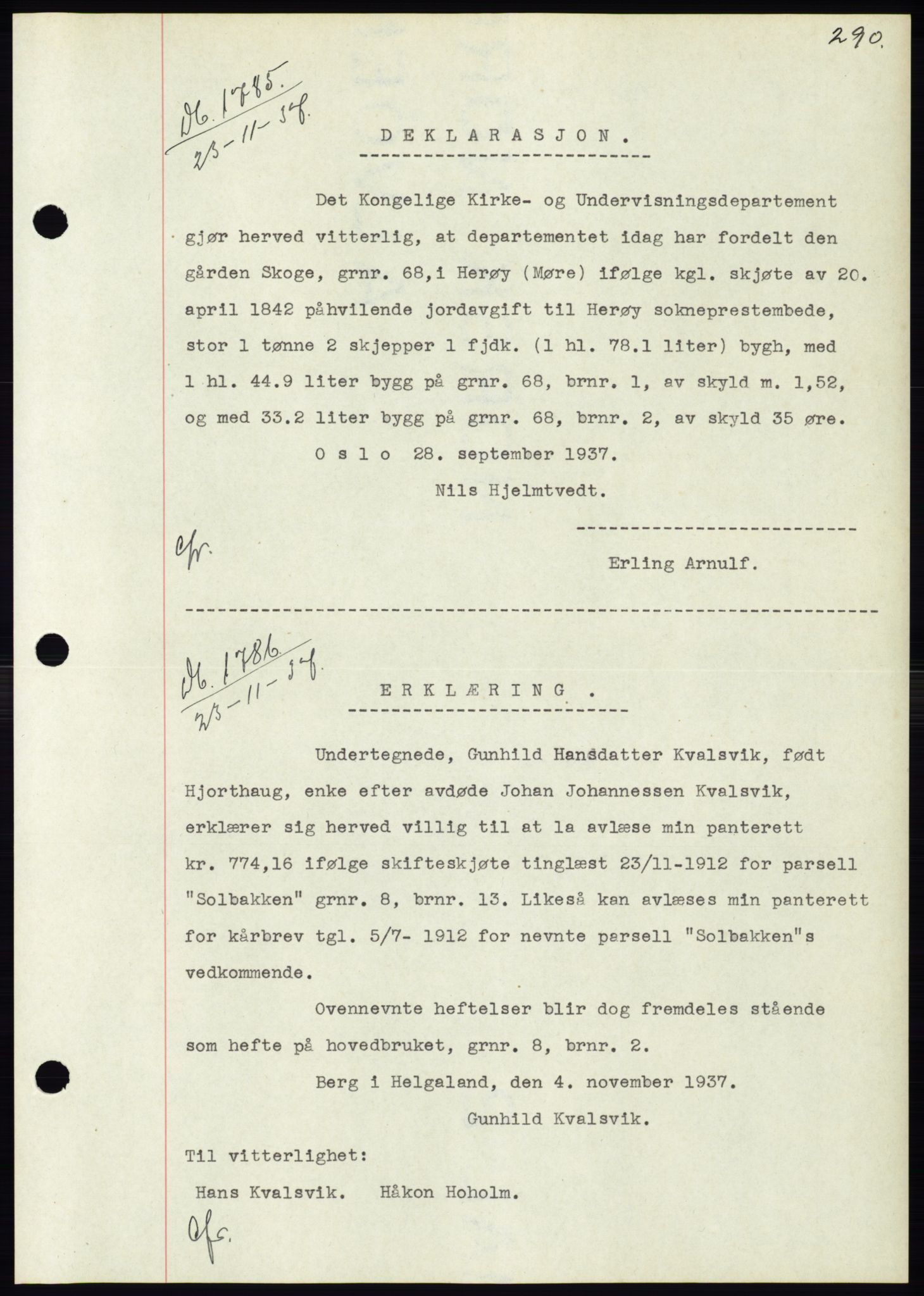 Søre Sunnmøre sorenskriveri, SAT/A-4122/1/2/2C/L0064: Pantebok nr. 58, 1937-1938, Dagboknr: 1785/1937