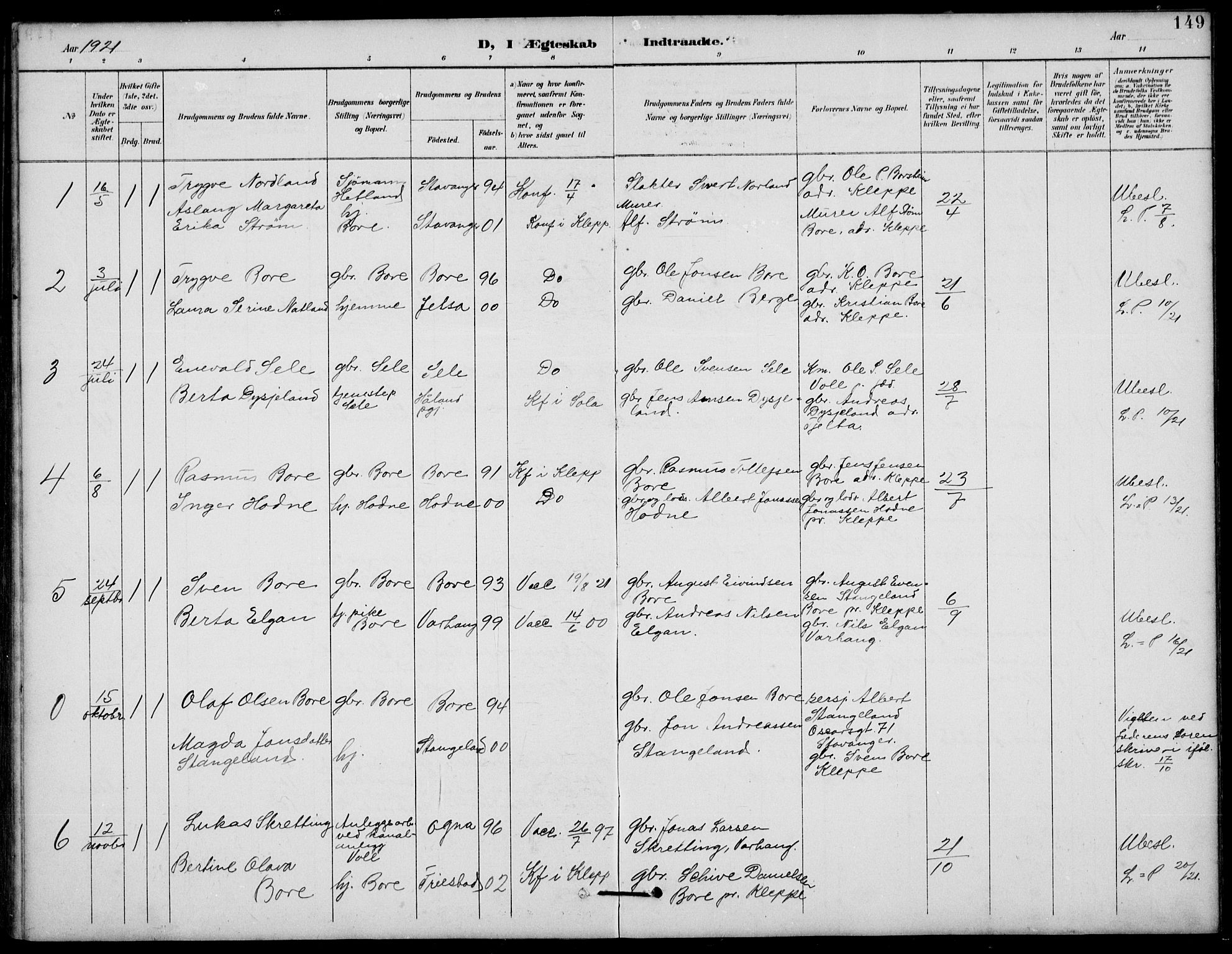 Klepp sokneprestkontor, AV/SAST-A-101803/001/3/30BB/L0006: Klokkerbok nr. B 6, 1889-1936, s. 149
